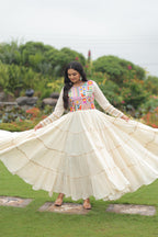 Off-White Color Kora Cotton Multi Threaded Navratri Gown