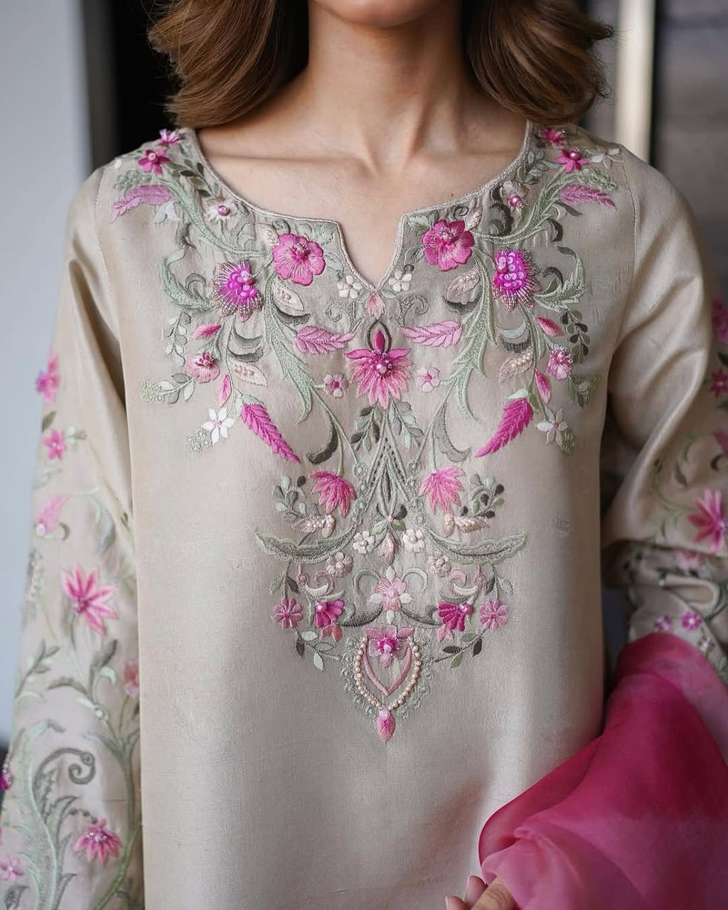 Beige Floral Fusion Kurta Set
