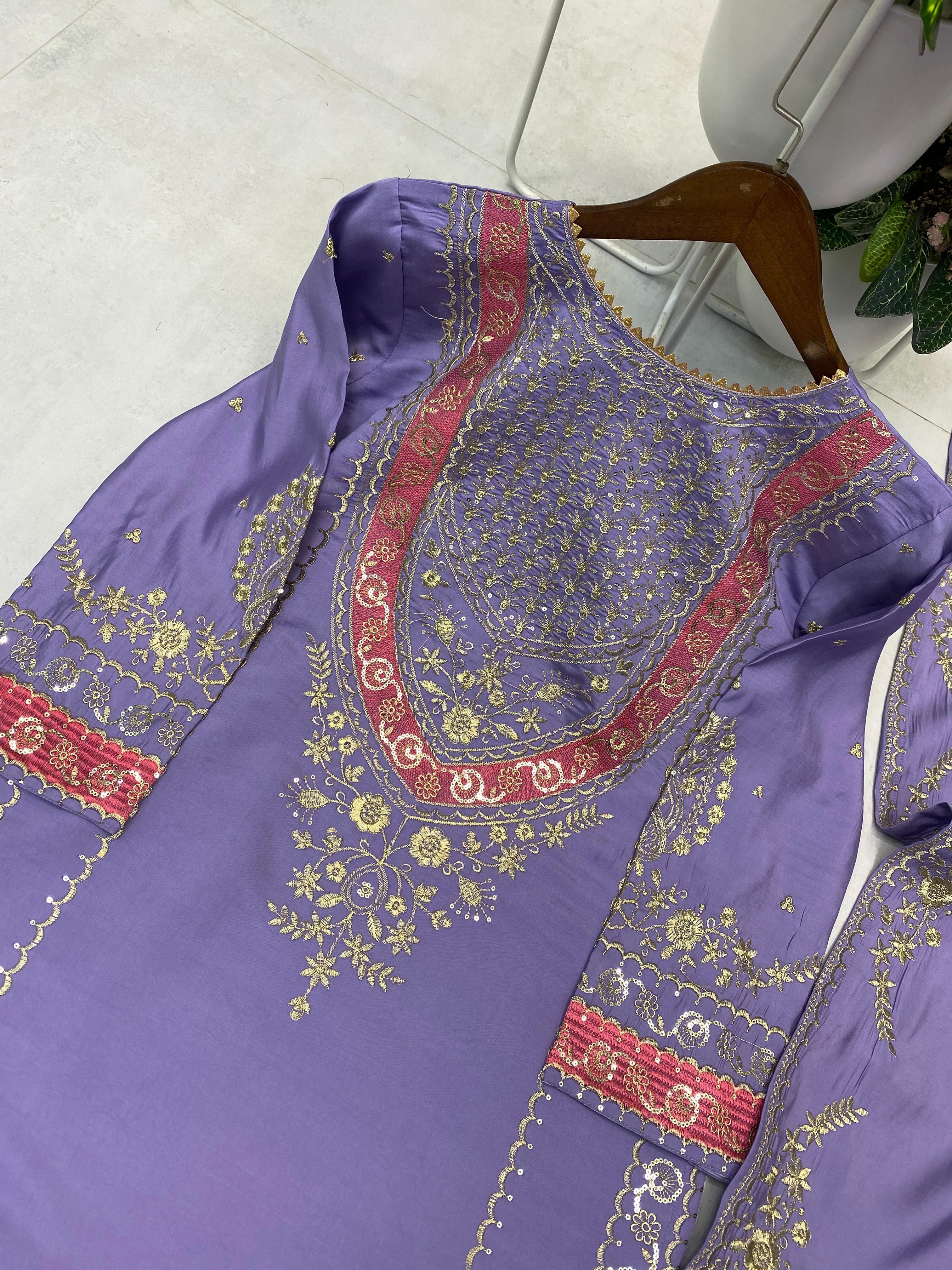 Lavender Fendy Silk Kurta Set with Embroidered Palazzo and Dupatta