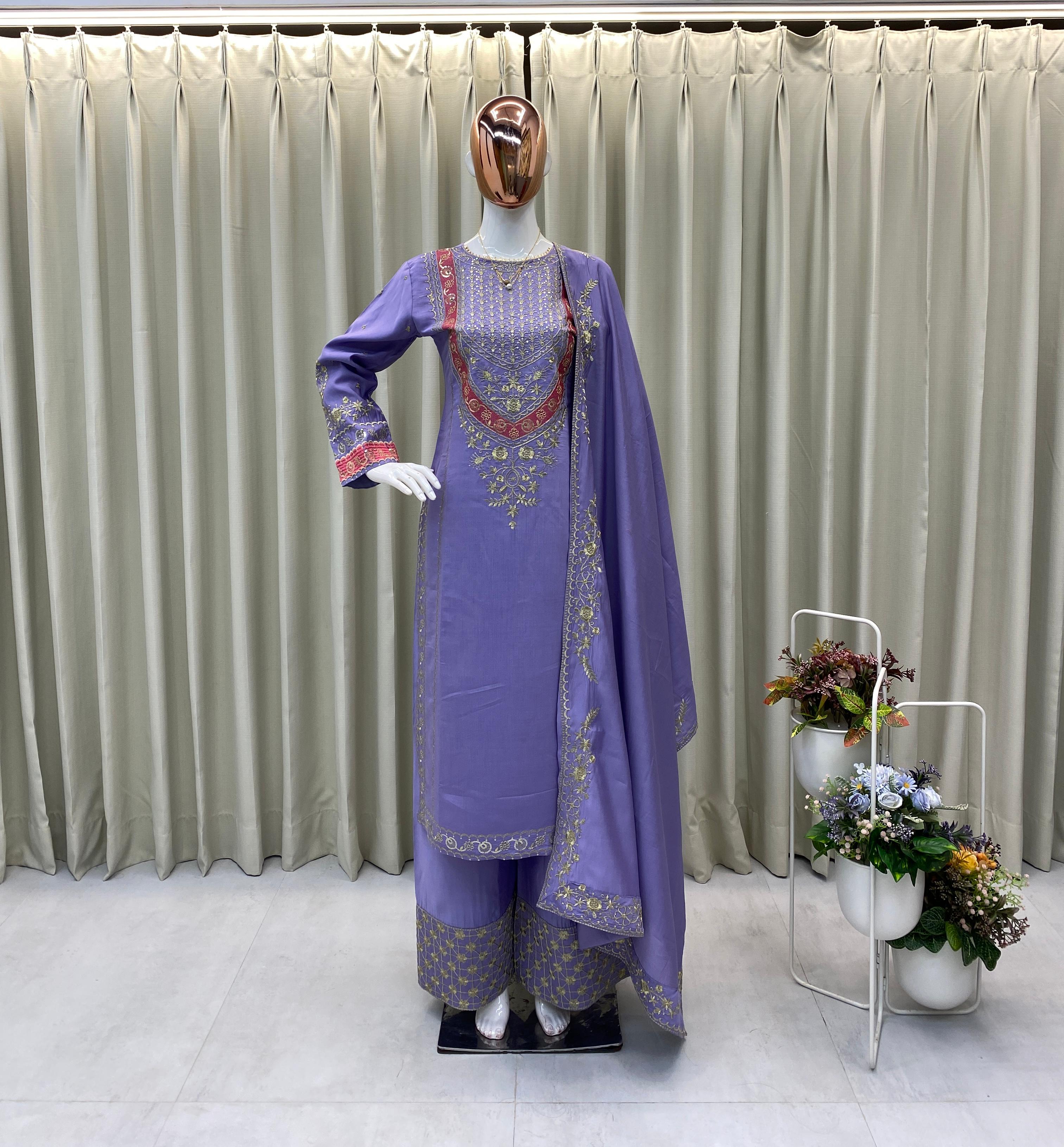 Lavender Fendy Silk Kurta Set with Embroidered Palazzo and Dupatta