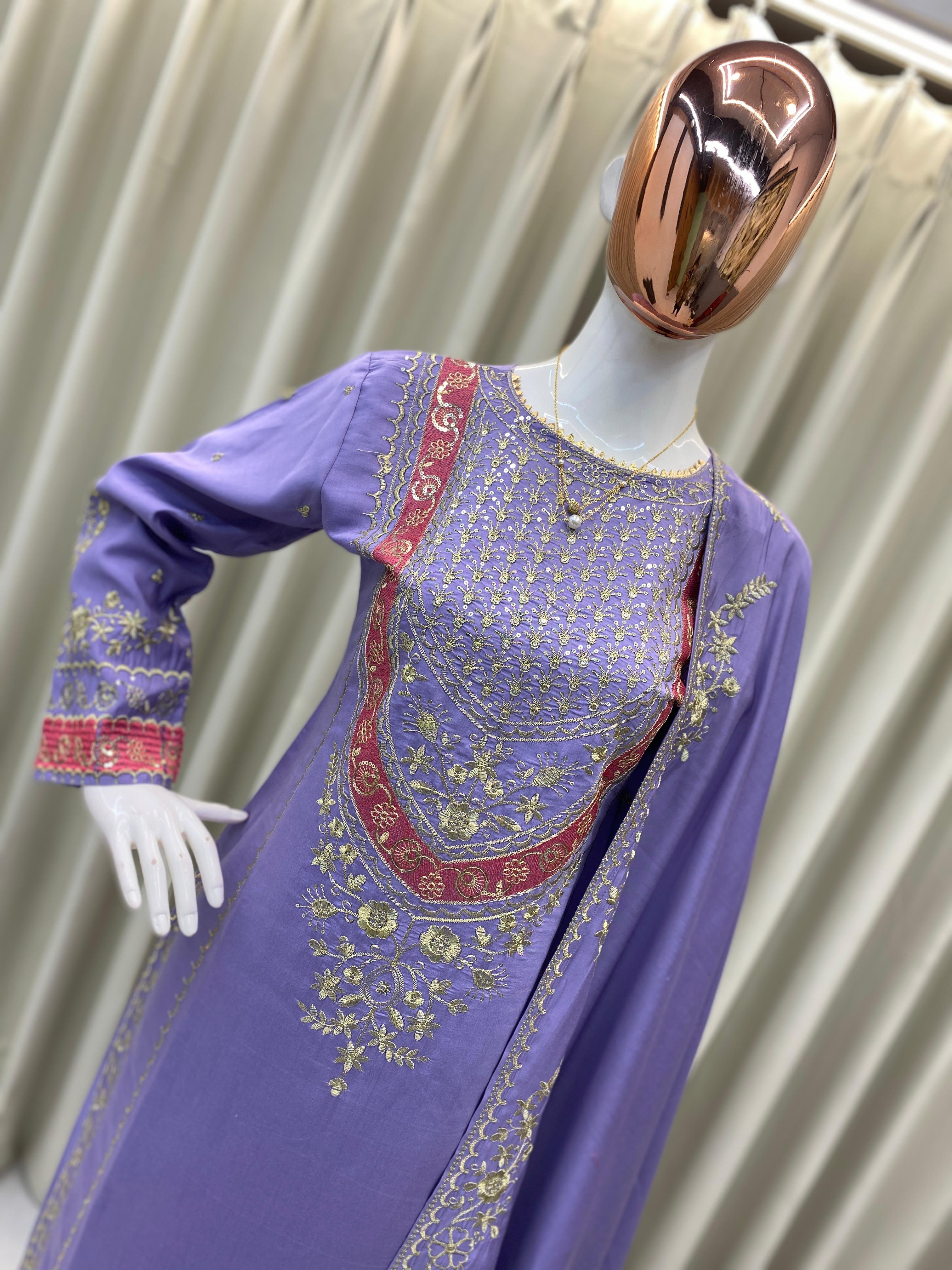 Lavender Fendy Silk Kurta Set with Embroidered Palazzo and Dupatta