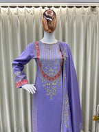 Lavender Fendy Silk Kurta Set with Embroidered Palazzo and Dupatta