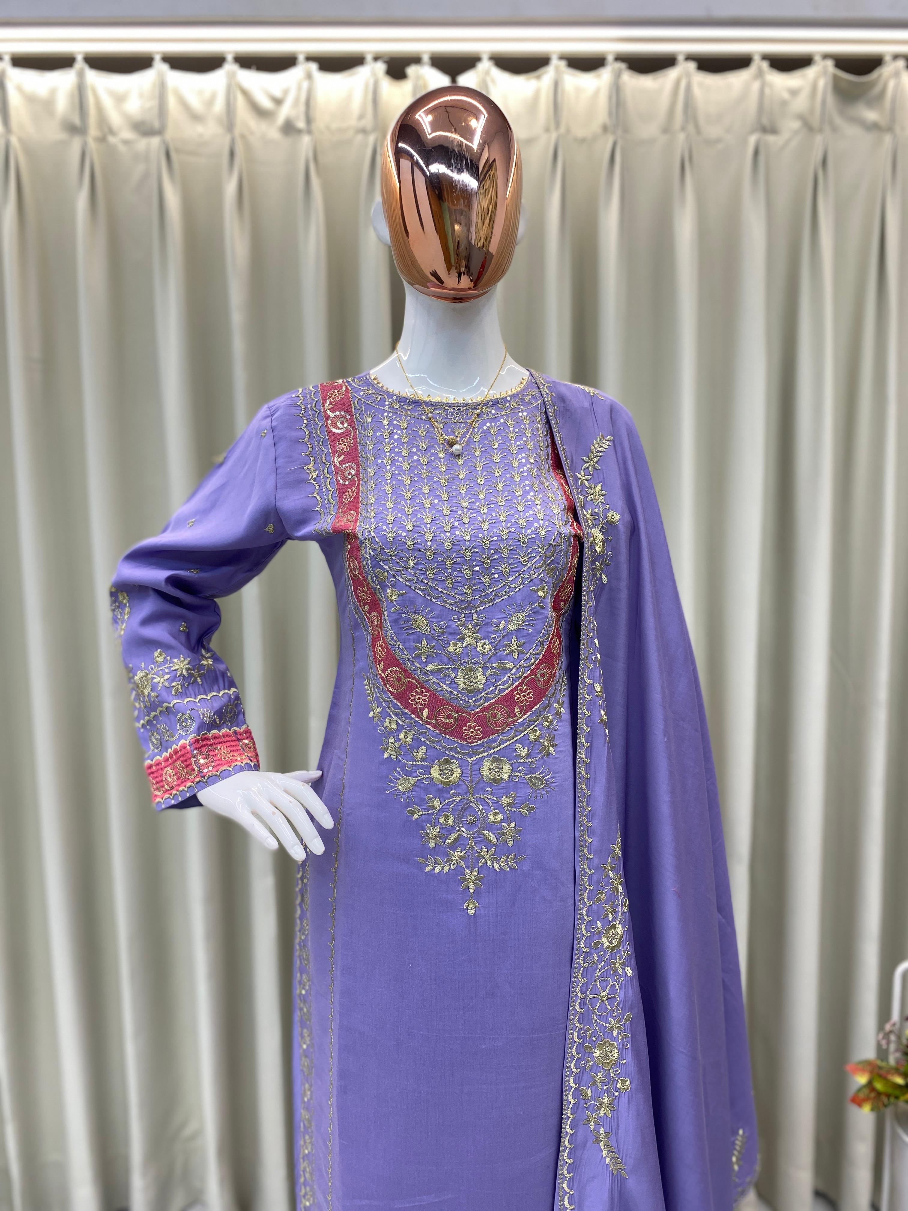 Lavender Fendy Silk Kurta Set with Embroidered Palazzo and Dupatta