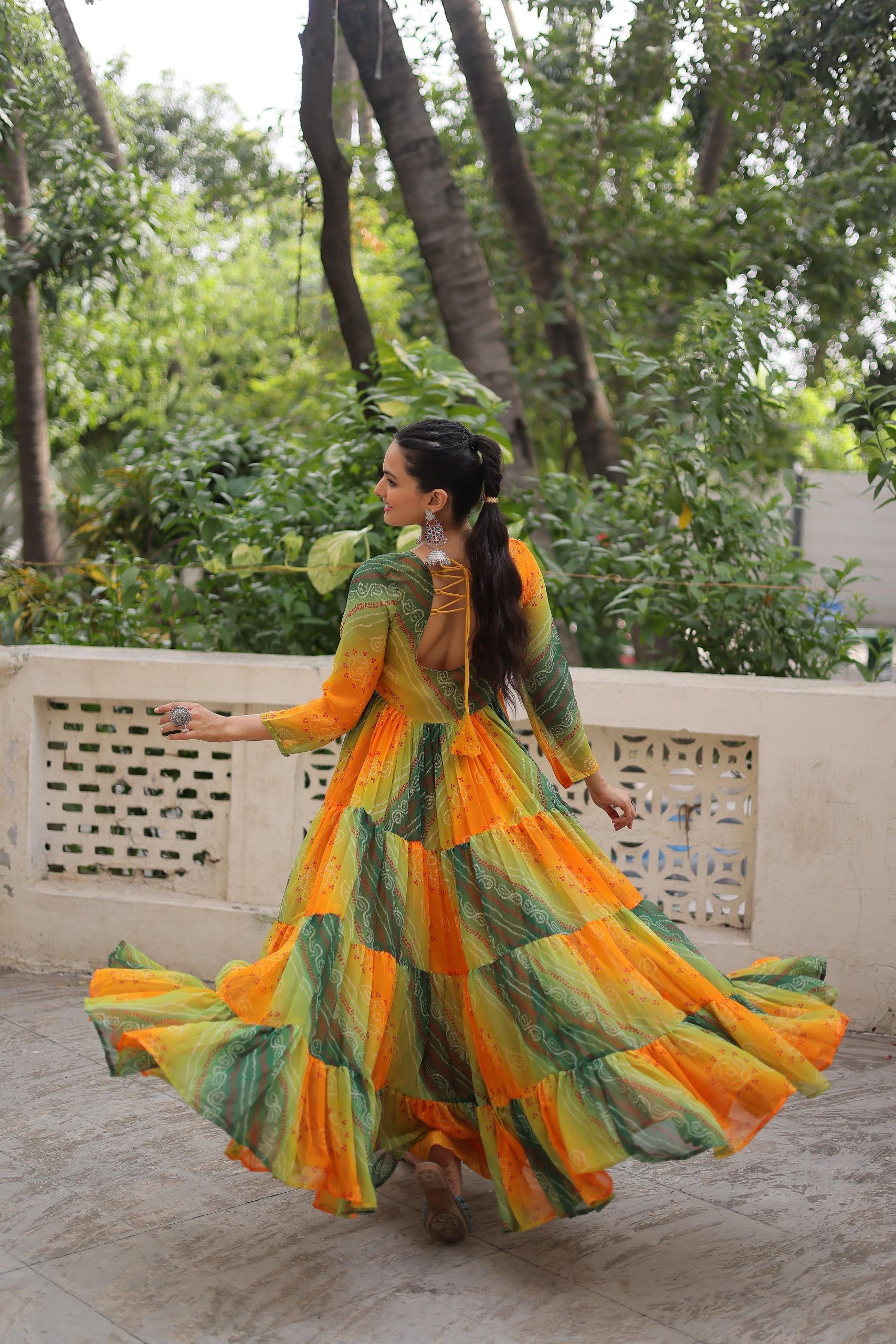 Leheriya Printed Gamthi Work Georgette Traditional Wear Gown