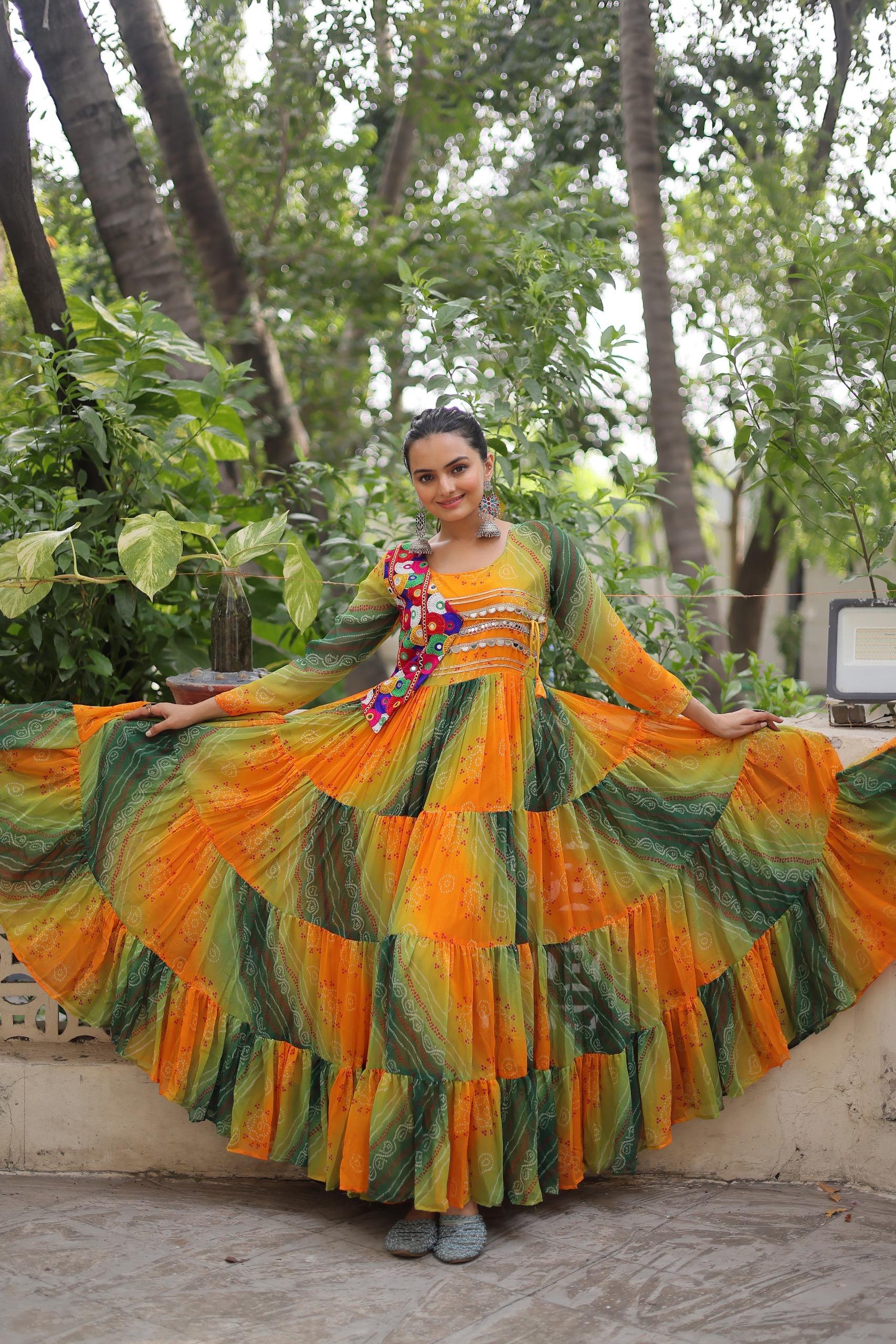 Leheriya Printed Gamthi Work Georgette Traditional Wear Gown