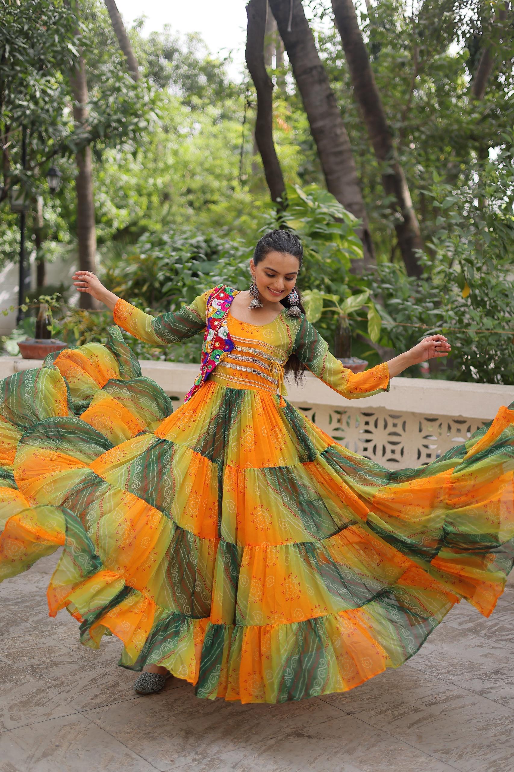 Leheriya Printed Gamthi Work Georgette Traditional Wear Gown