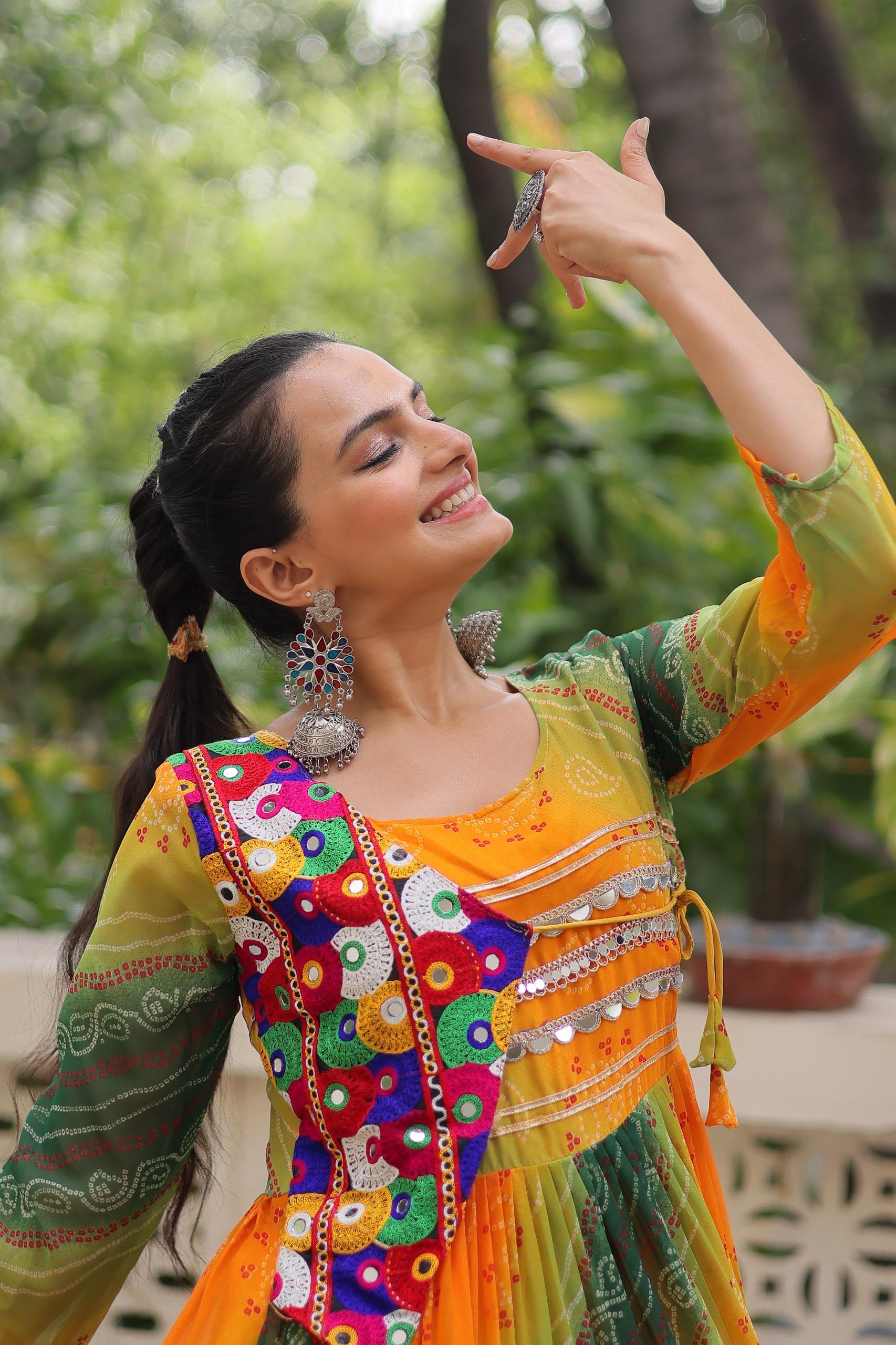 Leheriya Printed Gamthi Work Georgette Traditional Wear Gown