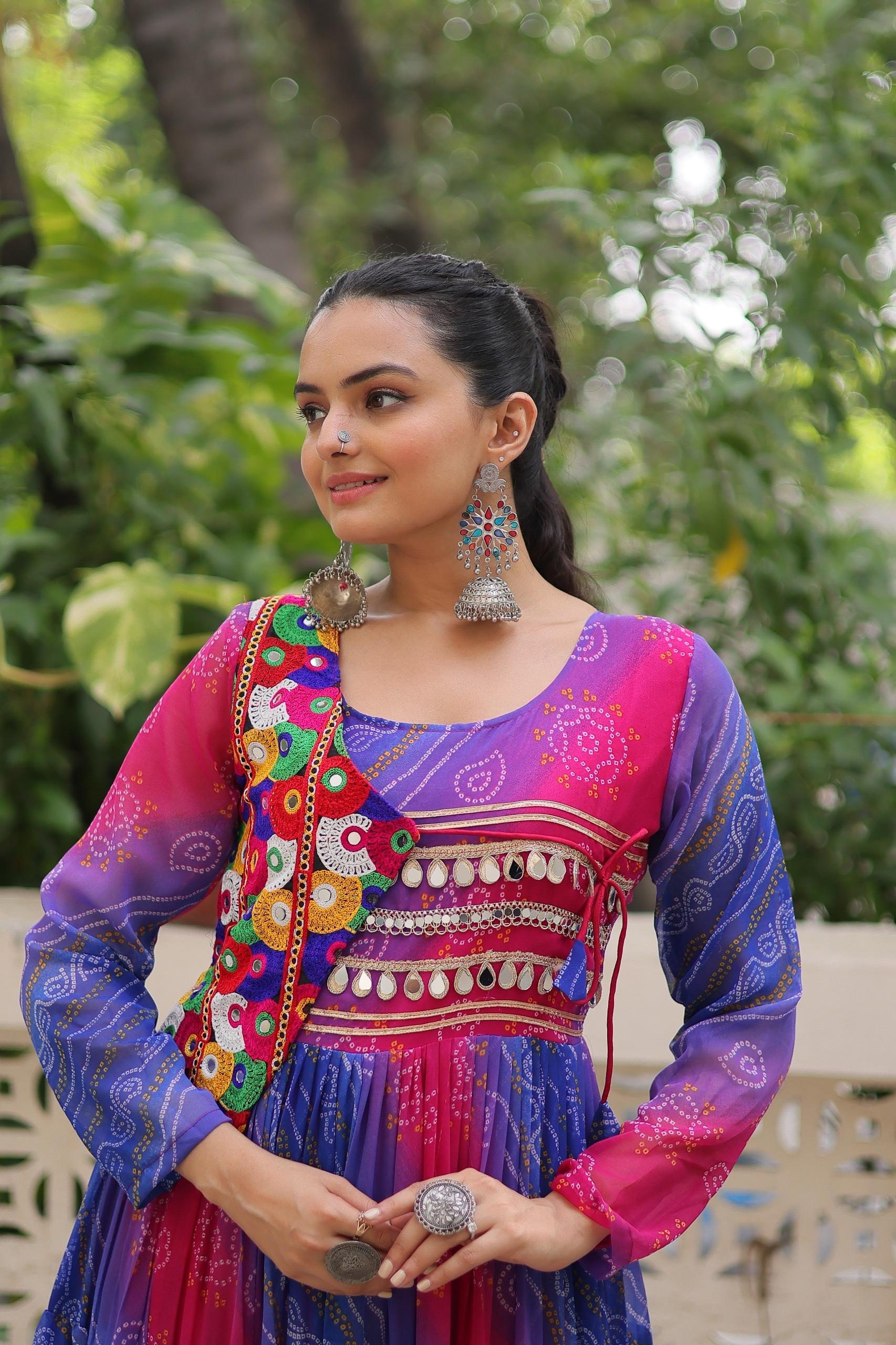 Leheriya Printed Gamthi Work Georgette Traditional Wear Gown