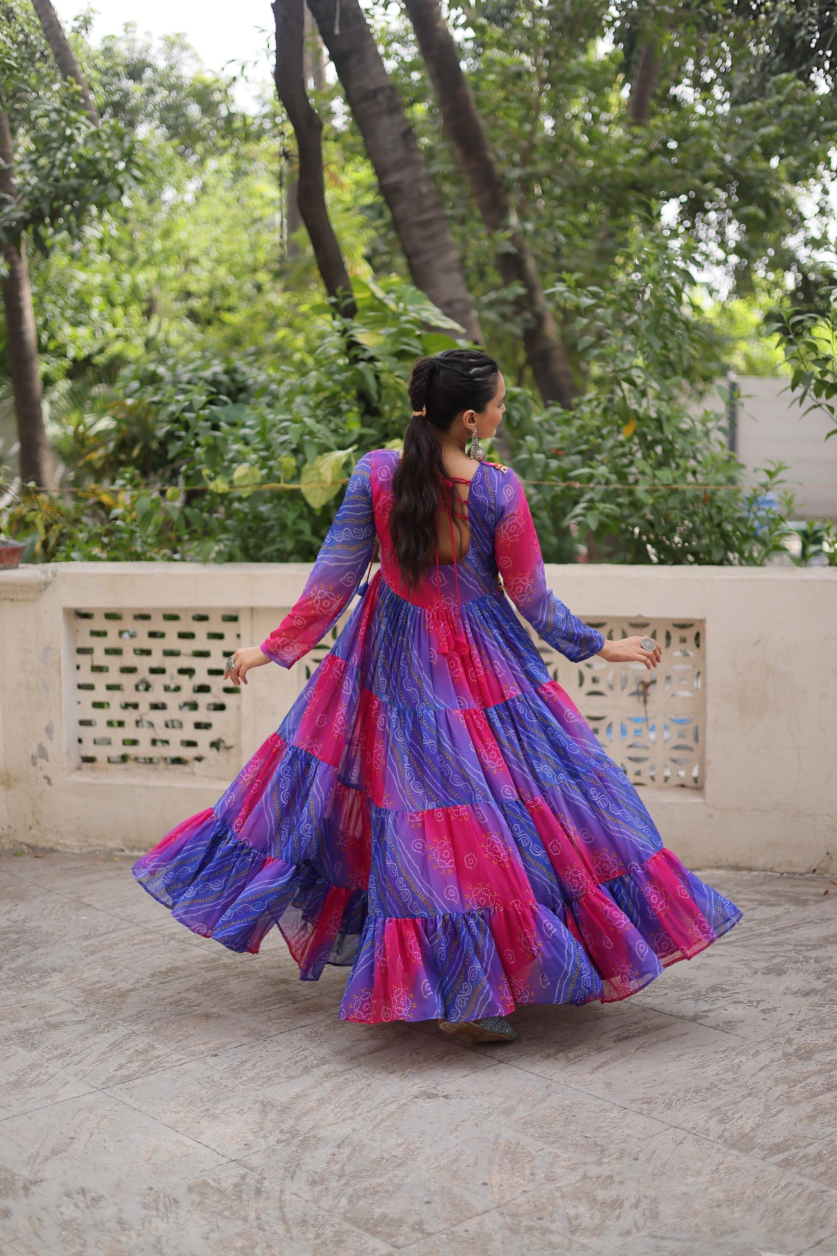 Leheriya Printed Gamthi Work Georgette Traditional Wear Gown