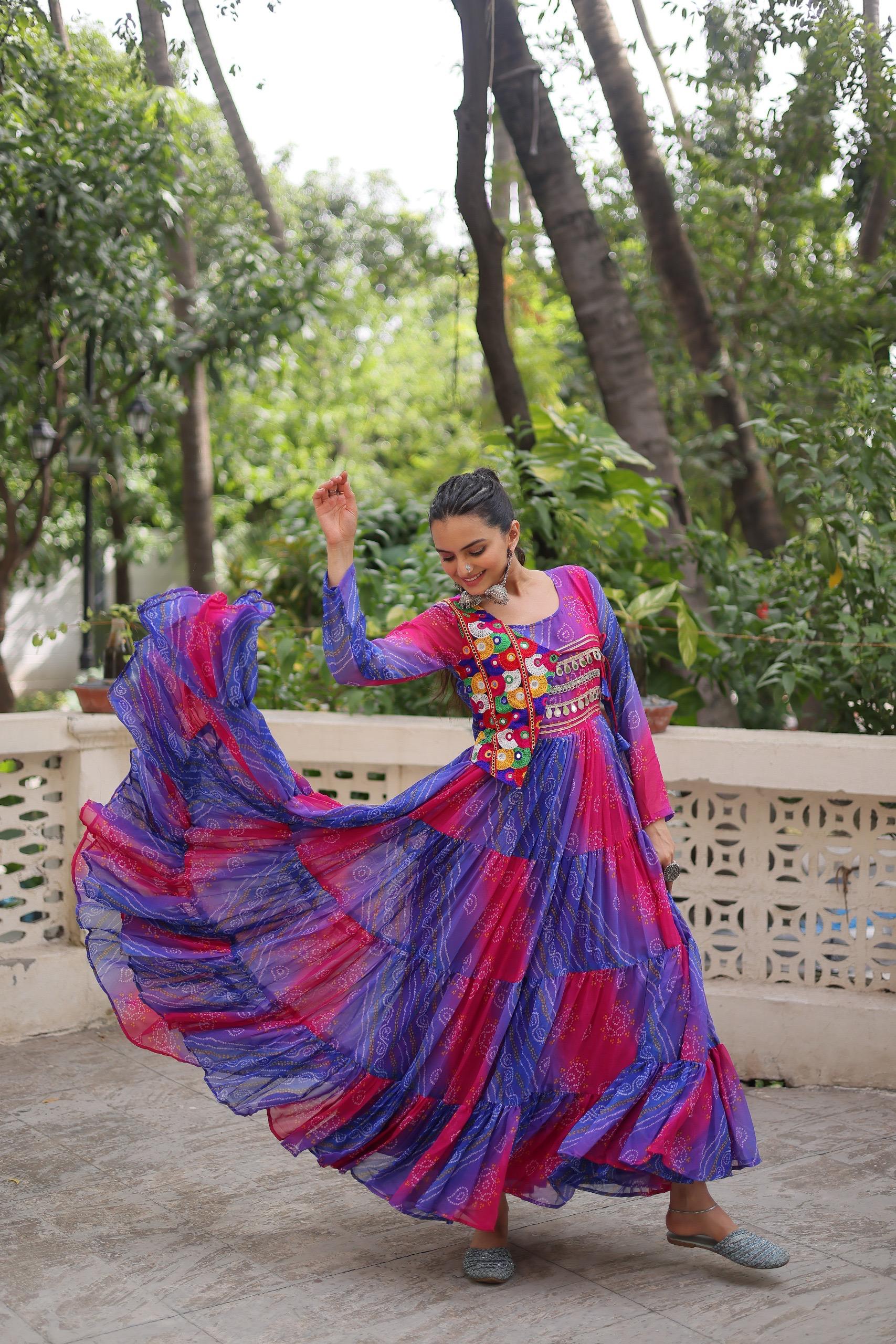 Leheriya Printed Gamthi Work Georgette Traditional Wear Gown