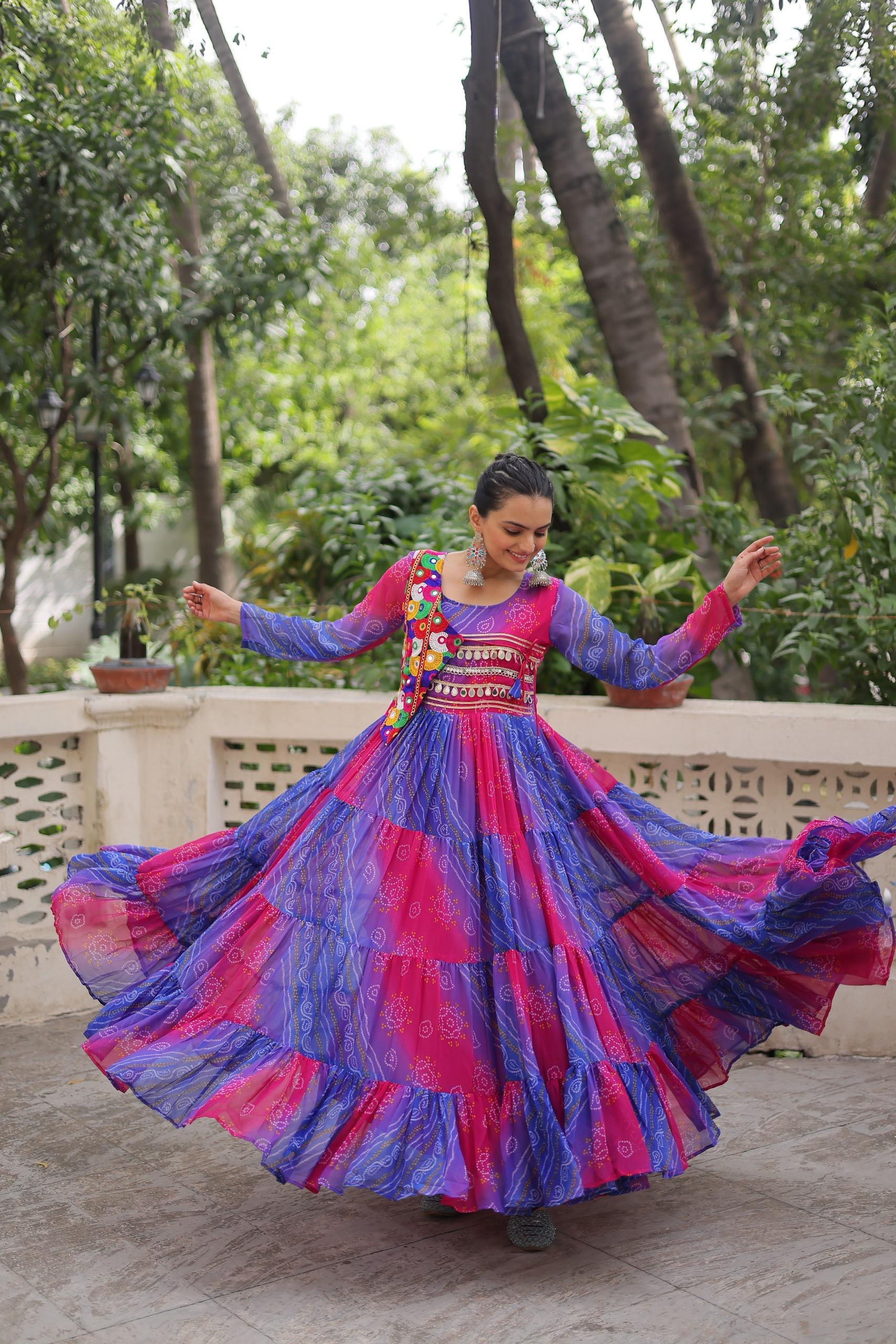 Leheriya Printed Gamthi Work Georgette Traditional Wear Gown