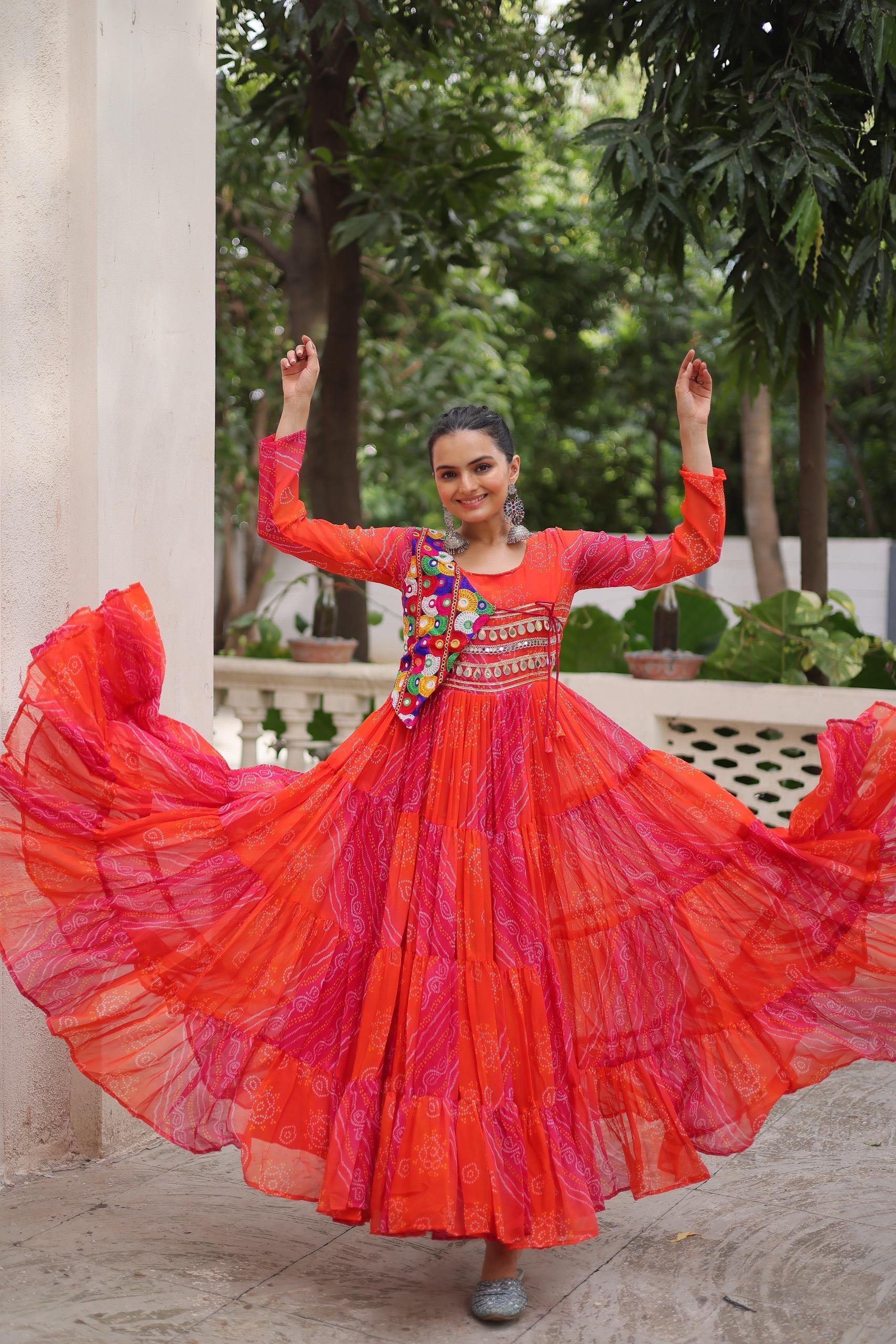 Leheriya Printed Gamthi Work Georgette Traditional Wear Gown