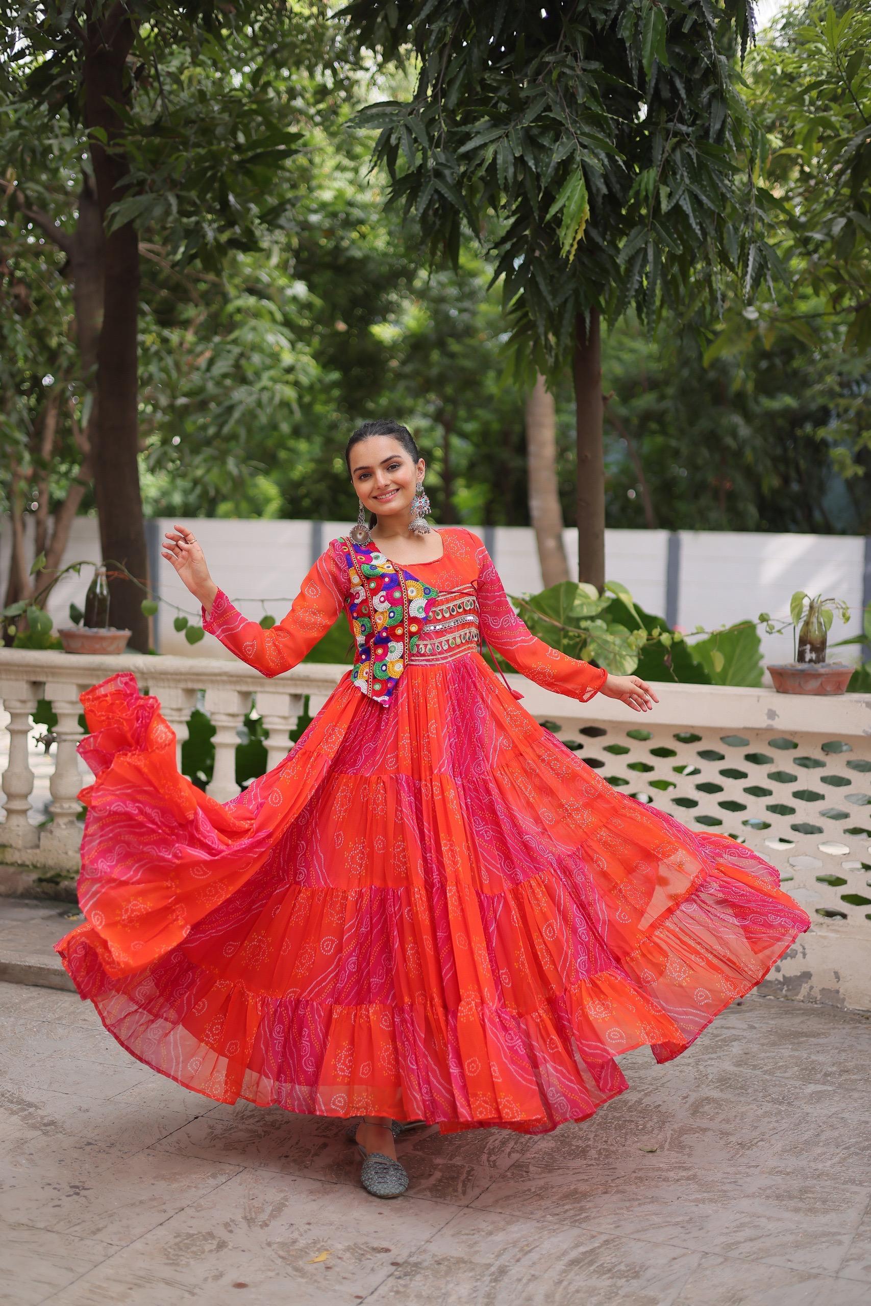 Leheriya Printed Gamthi Work Georgette Traditional Wear Gown