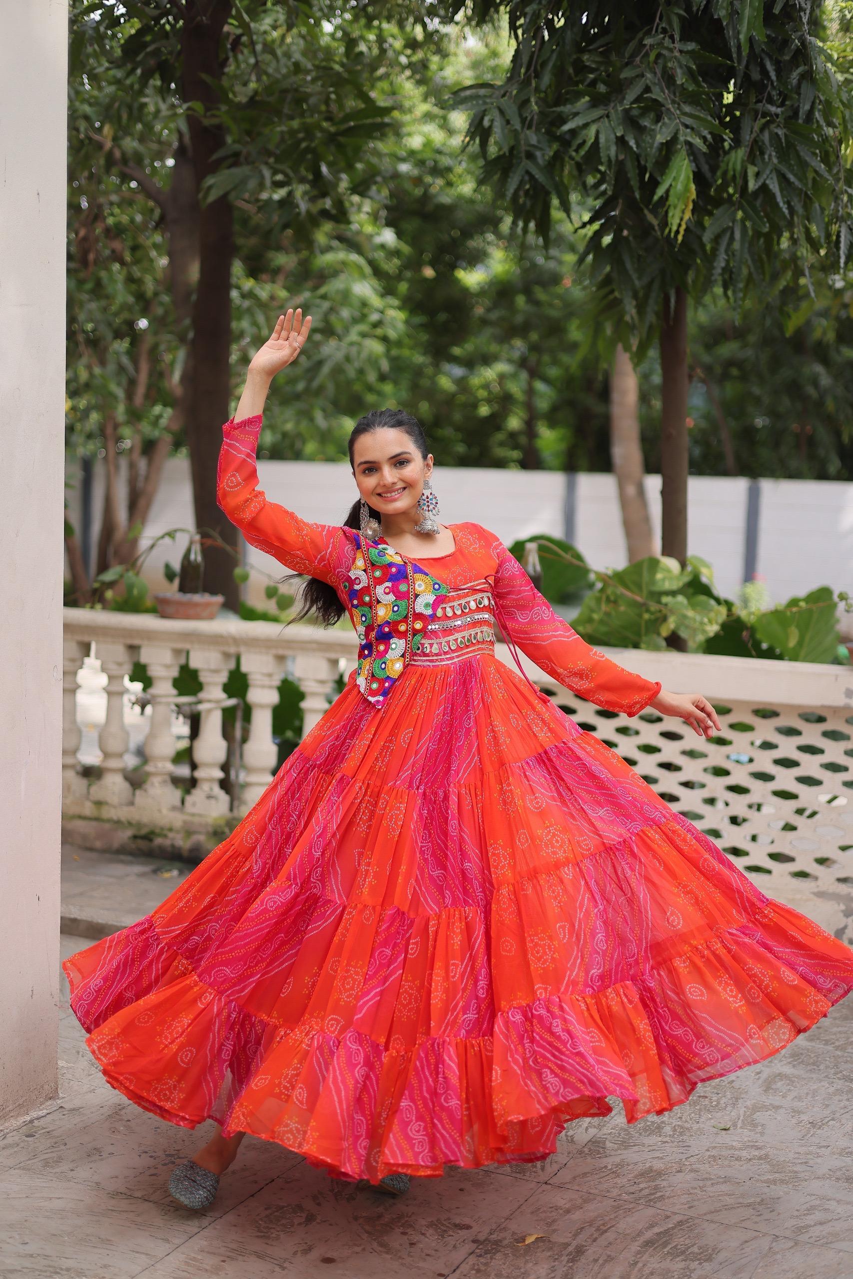 Leheriya Printed Gamthi Work Georgette Traditional Wear Gown