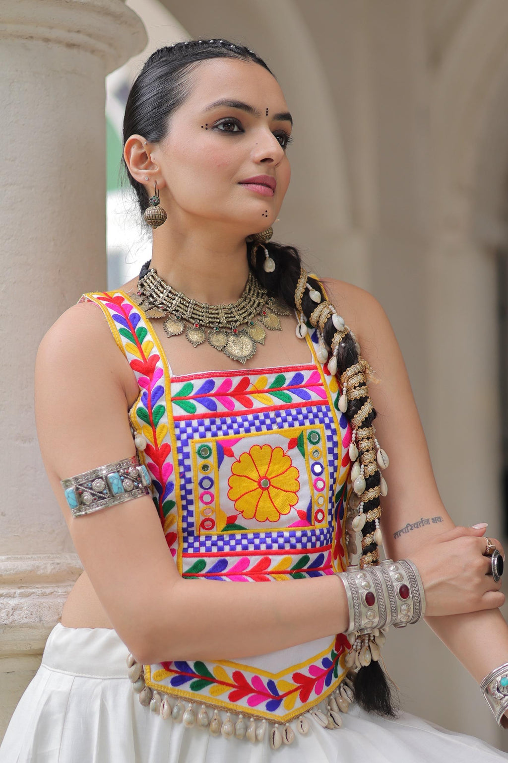 Festive Roman Fabric Lehenga with Kutchi Gamthi Embroidered Top