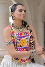 Festive Roman Fabric Lehenga with Kutchi Gamthi Embroidered Top