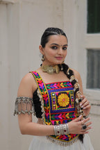 Festive Roman Fabric Lehenga with Kutchi Gamthi Embroidered Top