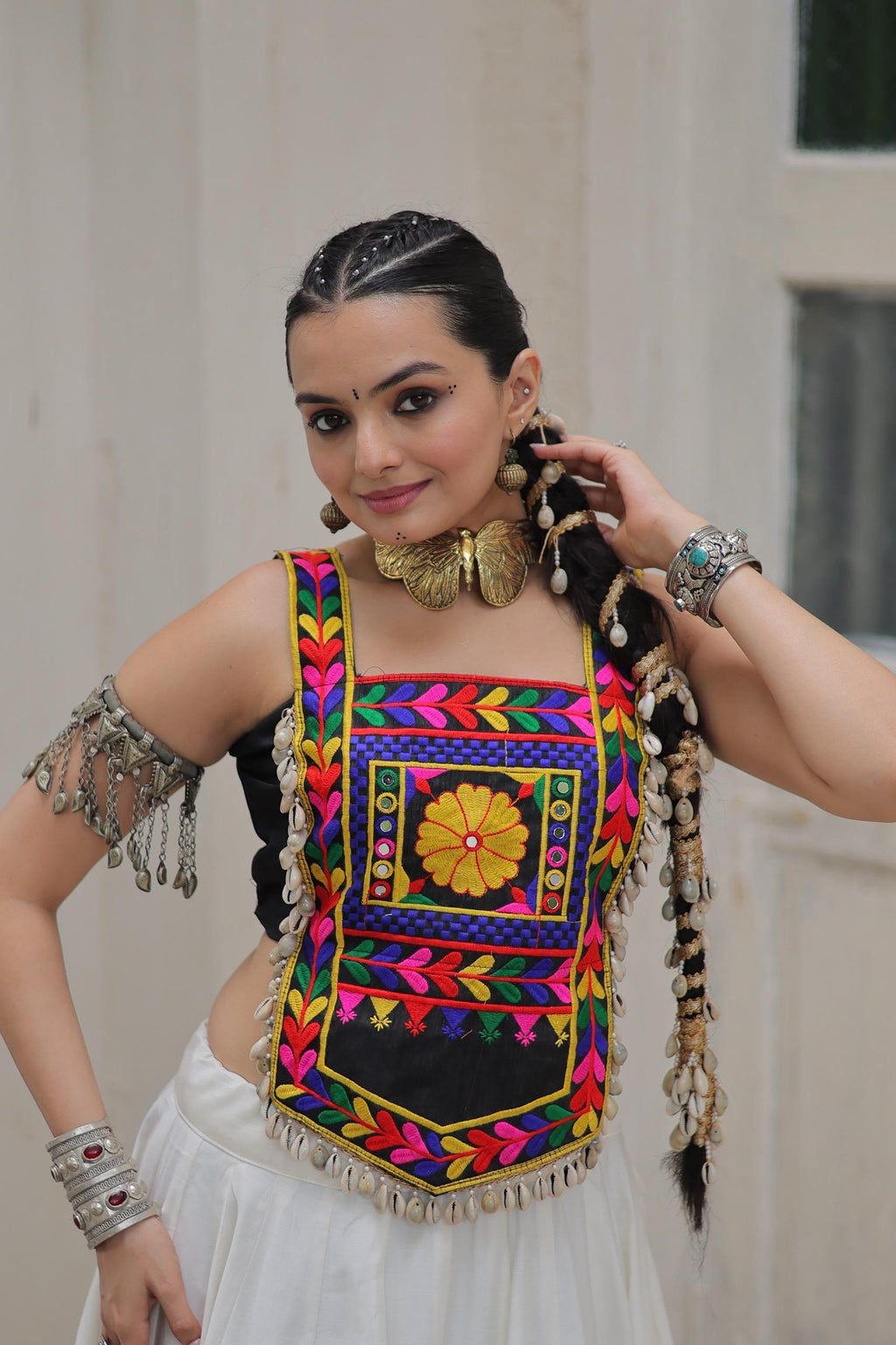 Festive Roman Fabric Lehenga with Kutchi Gamthi Embroidered Top