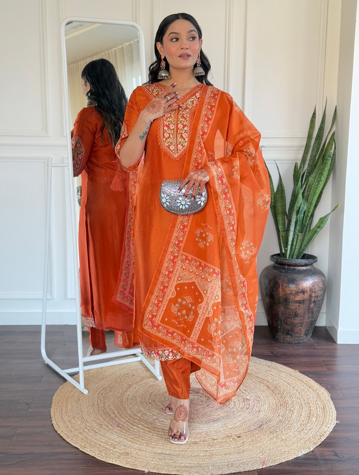 Women Embroidered Straight Kurta with Pants & Dupatta
