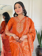 Women Embroidered Straight Kurta with Pants & Dupatta