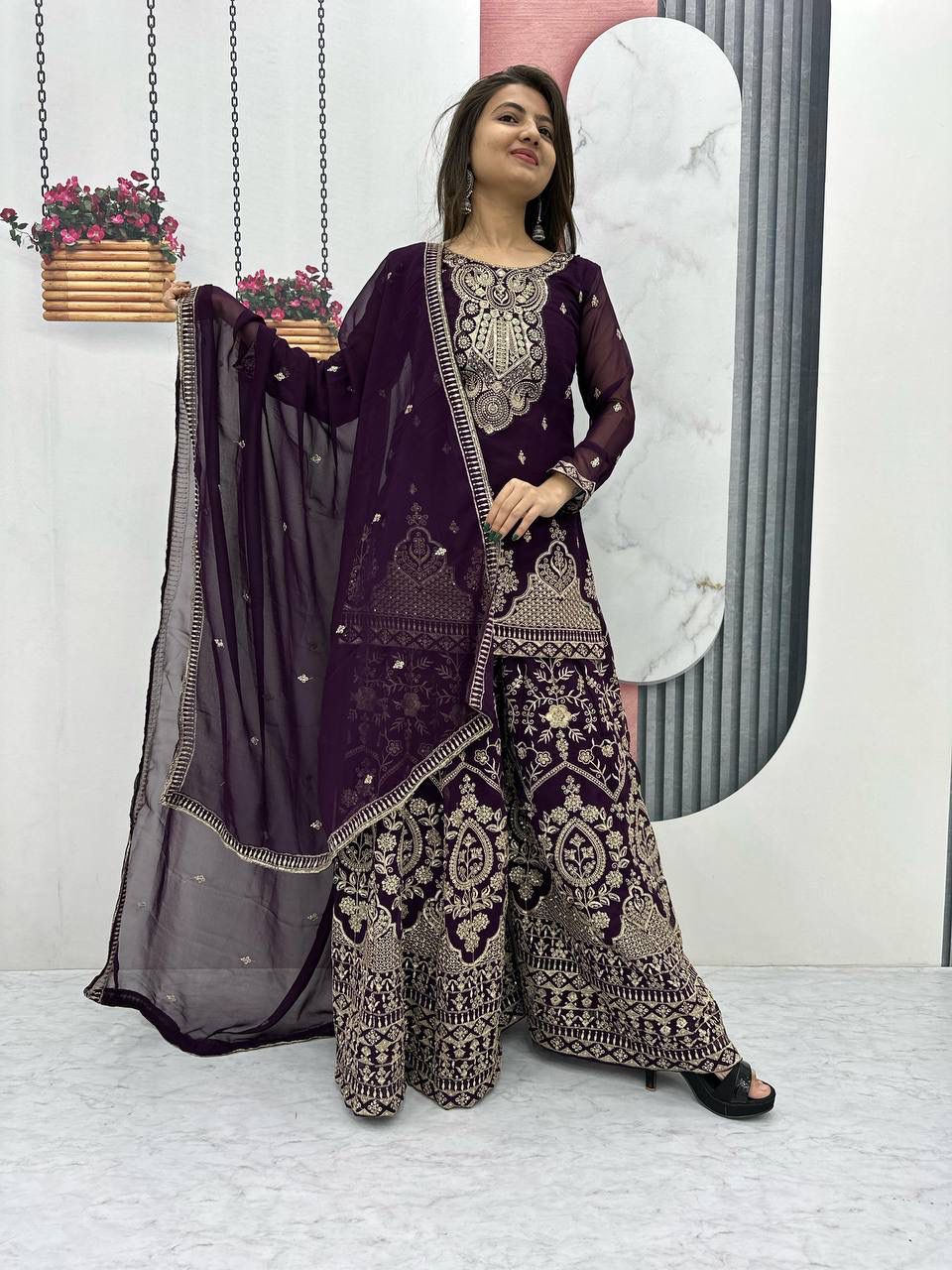Georgette Embroidery Work Readymade Plazzo Suit