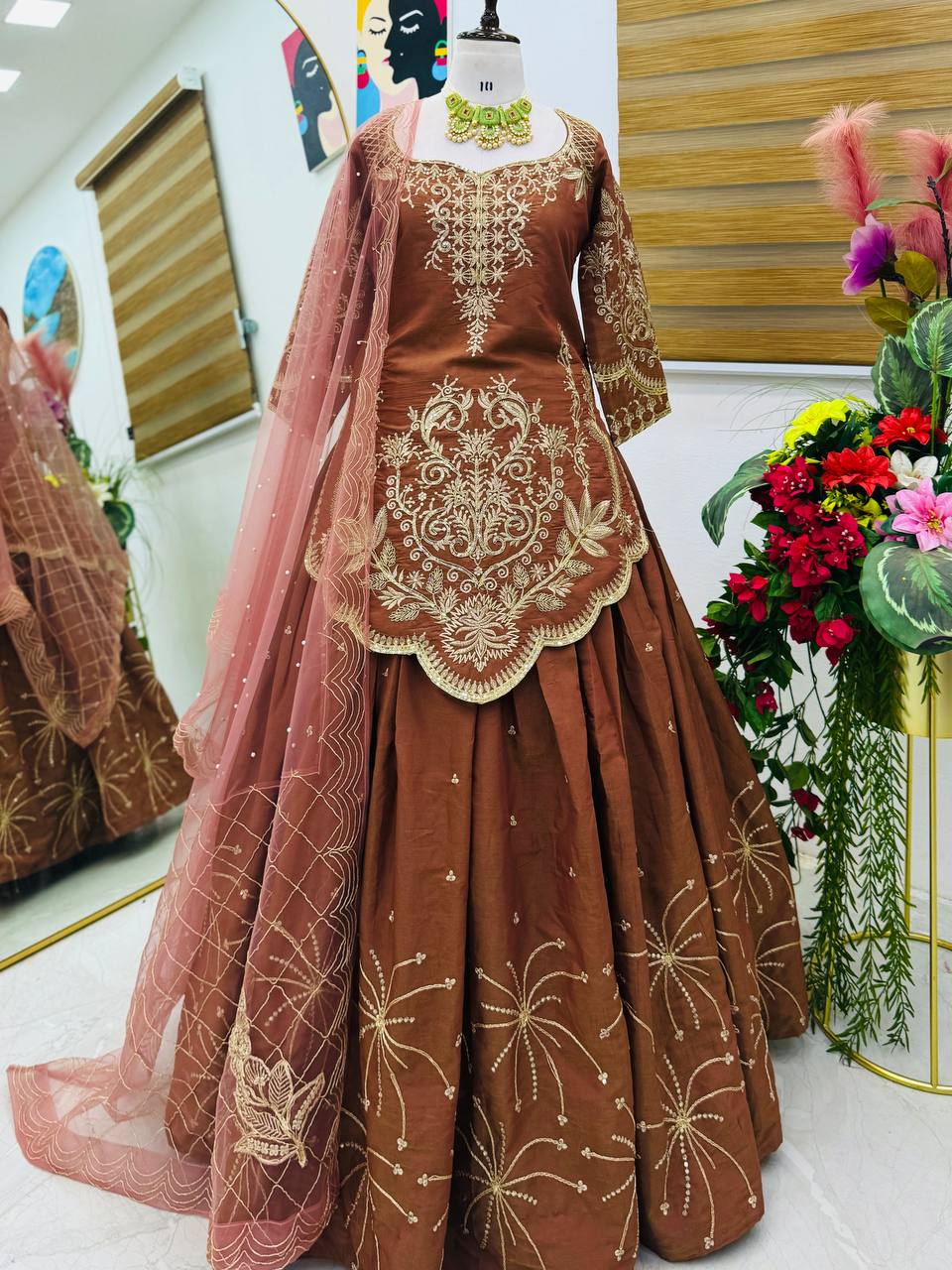Stunning Brown Simmer Silk Top Lehenga With Dupatta