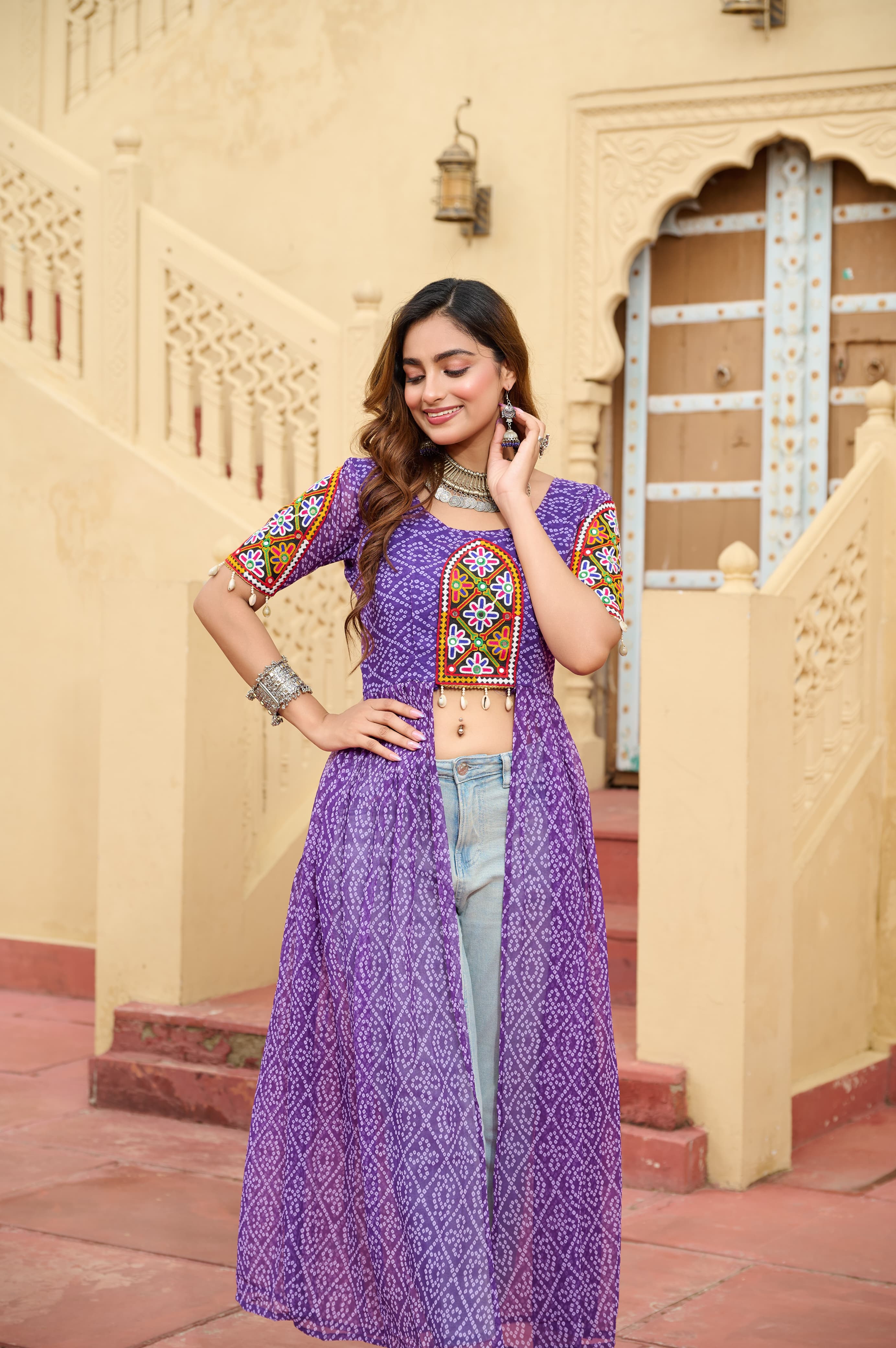 Bandhani Print Kurti in Georgette with Kutchi Embroidery