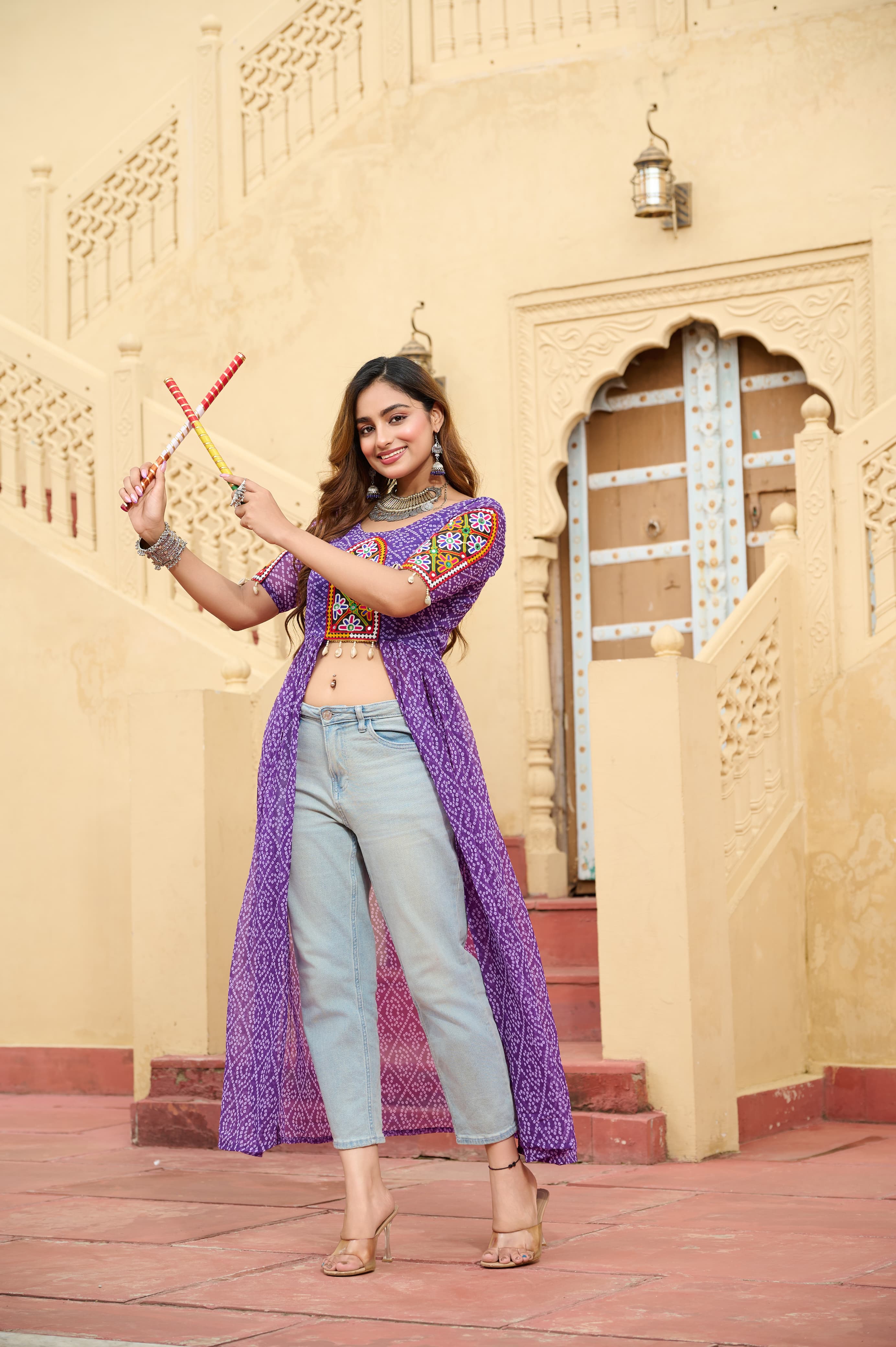 Bandhani Print Kurti in Georgette with Kutchi Embroidery
