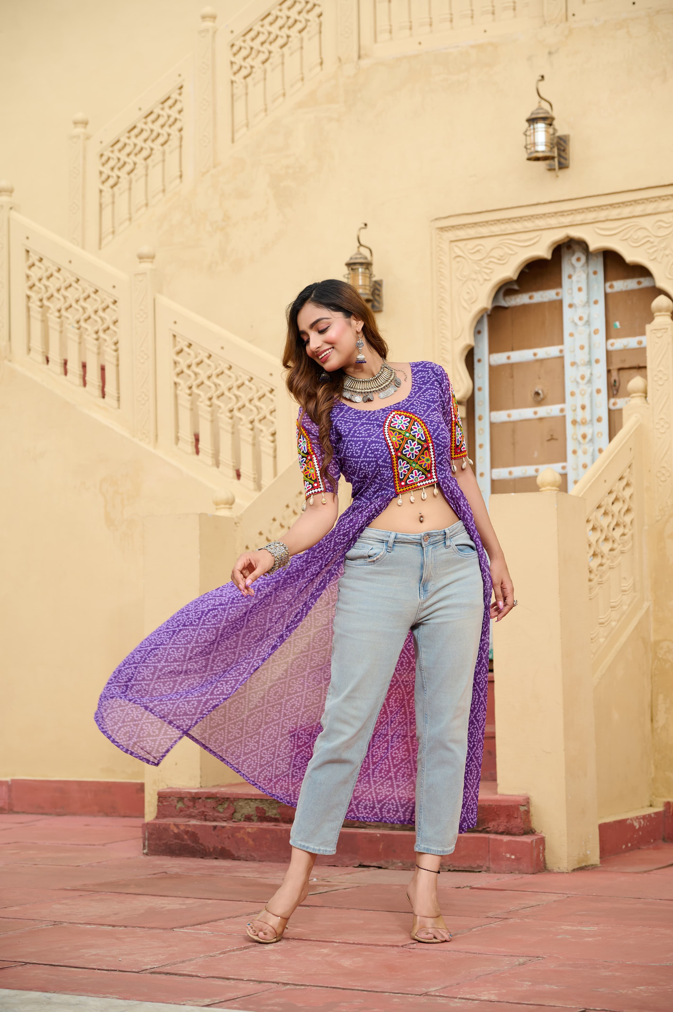 Bandhani Print Kurti in Georgette with Kutchi Embroidery