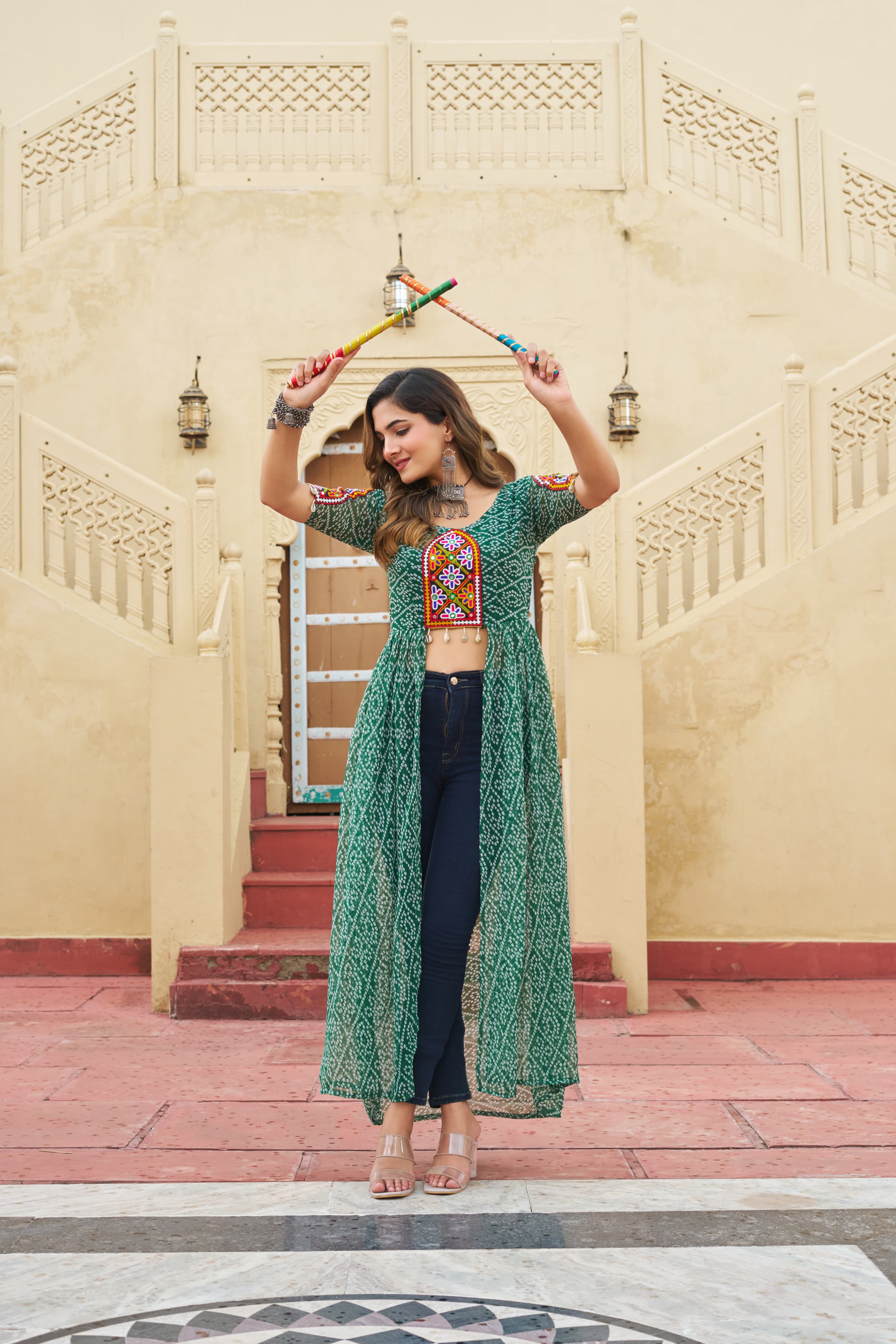 Bandhani Print Kurti in Georgette with Kutchi Embroidery