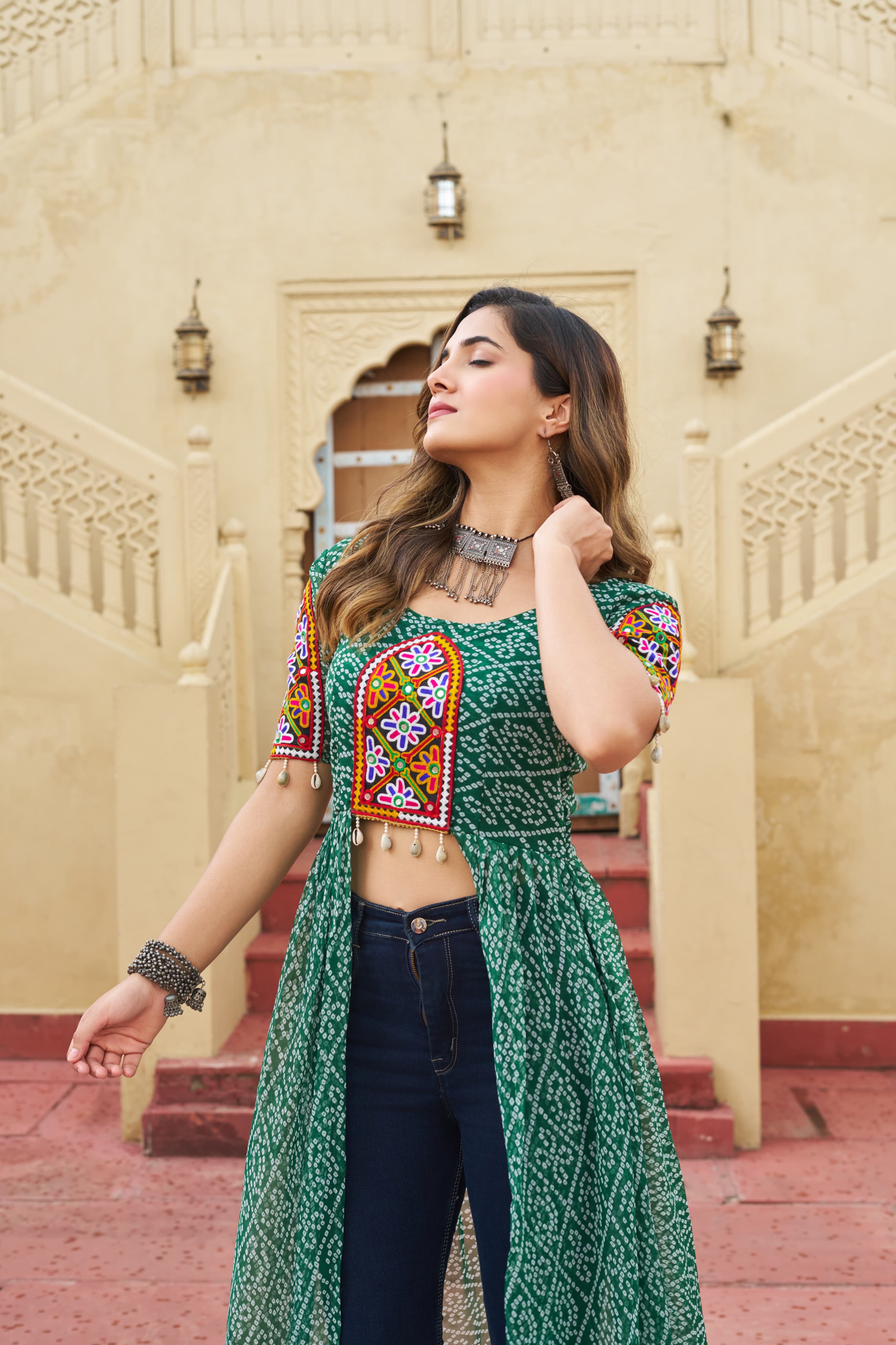 Bandhani Print Kurti in Georgette with Kutchi Embroidery