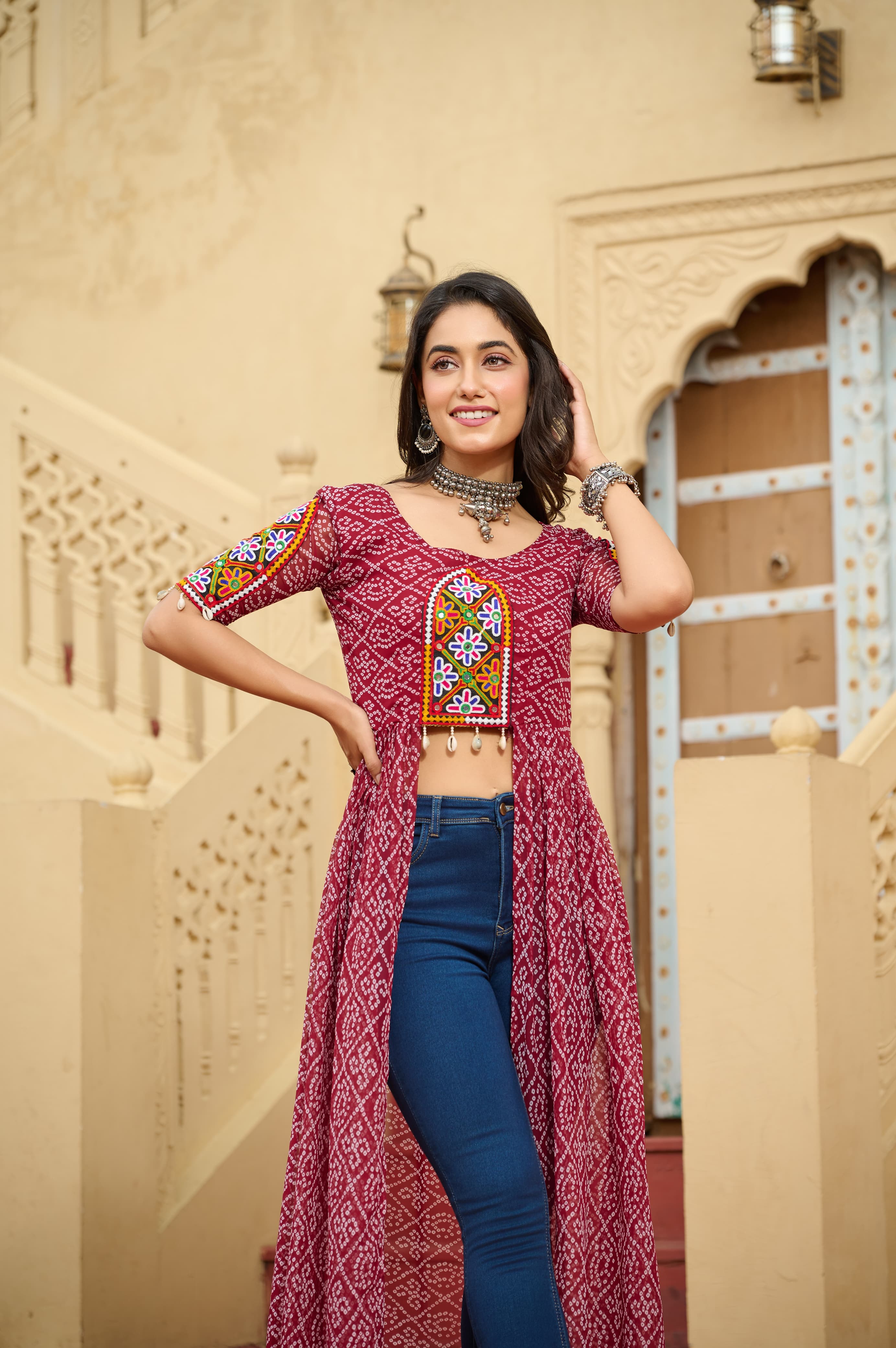 Bandhani Print Kurti in Georgette with Kutchi Embroidery