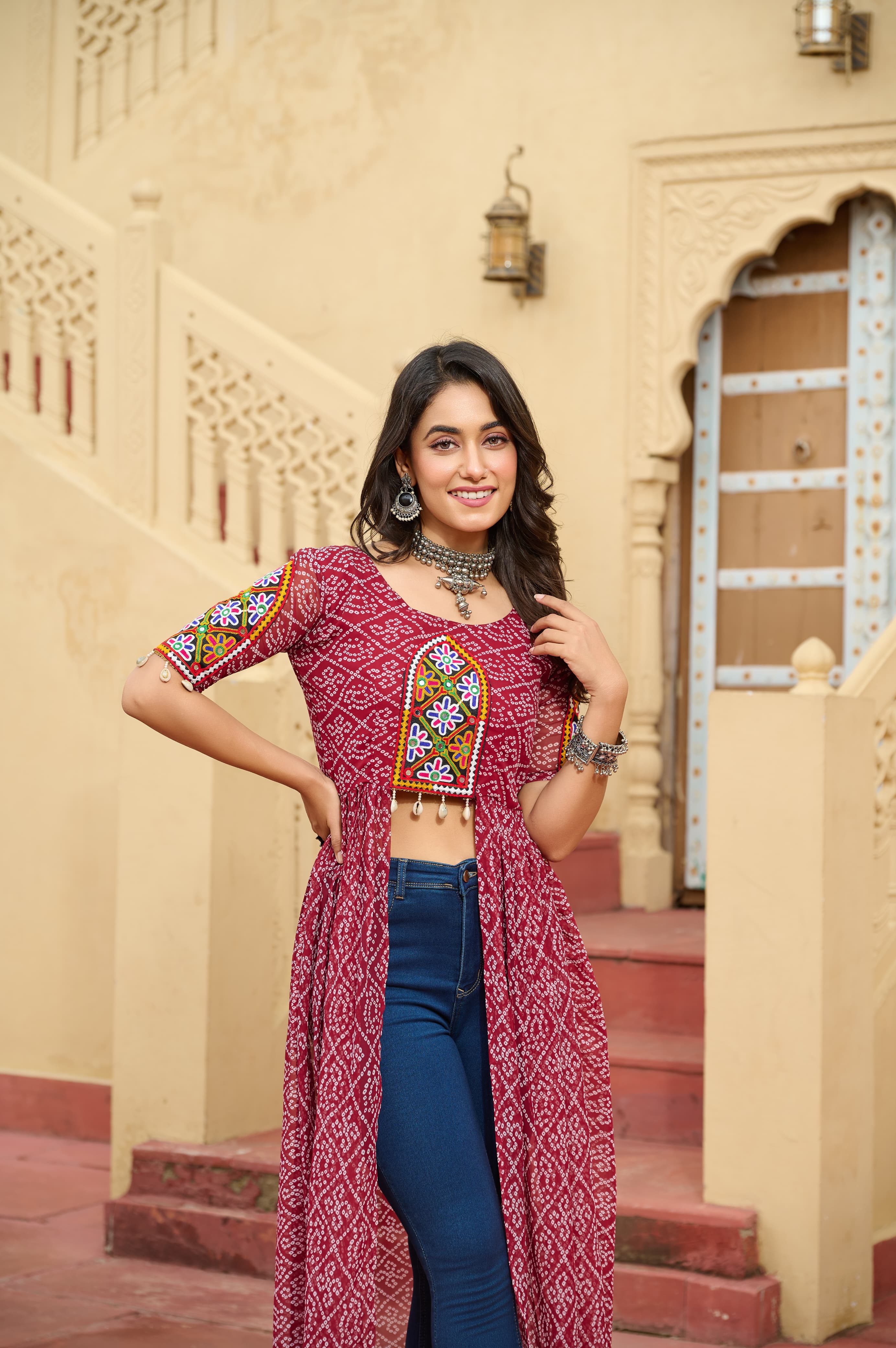 Bandhani Print Kurti in Georgette with Kutchi Embroidery