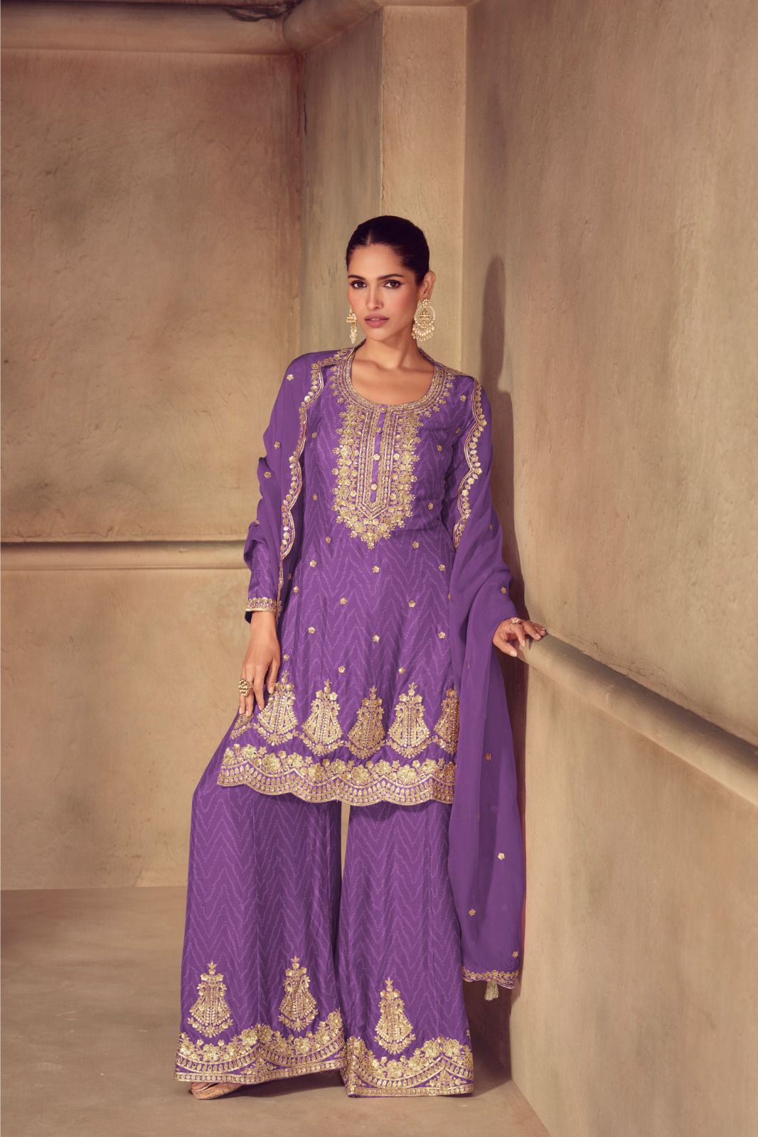 Bandhini Print Zari Embroidered Sequins Palazzo Suit