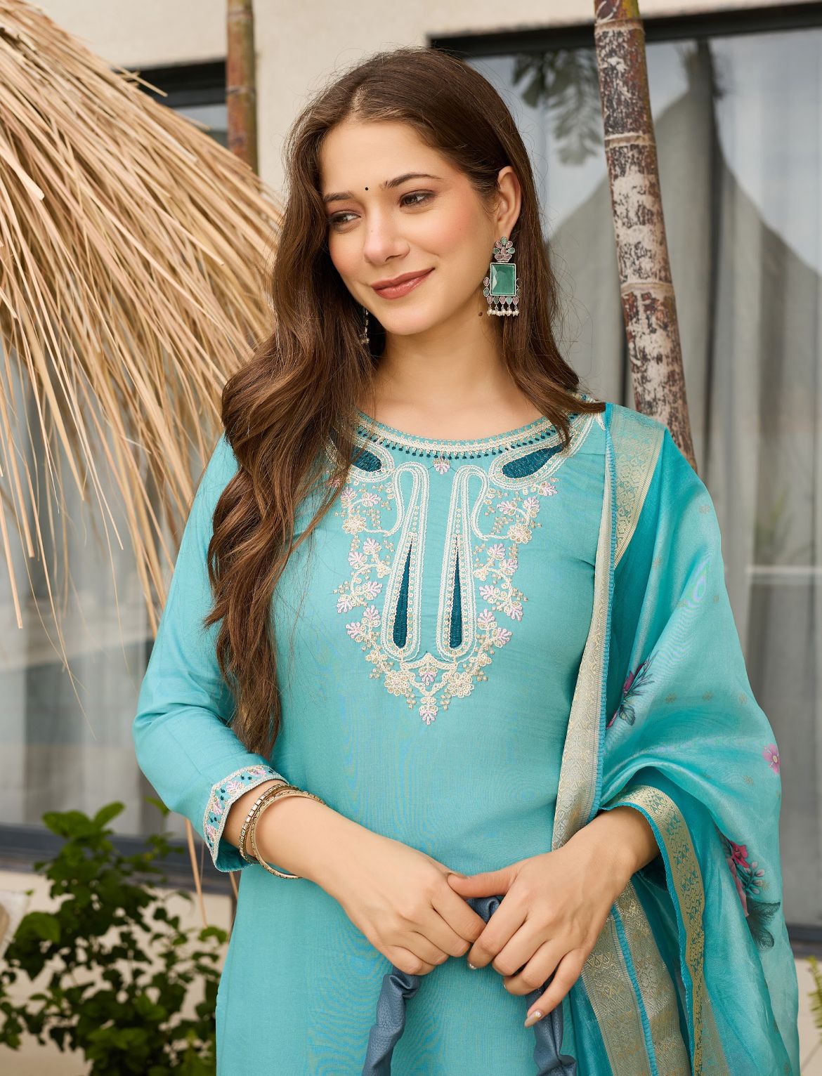 Women's Silk Blend Embroidered Salwar Suit Set with Dupatta