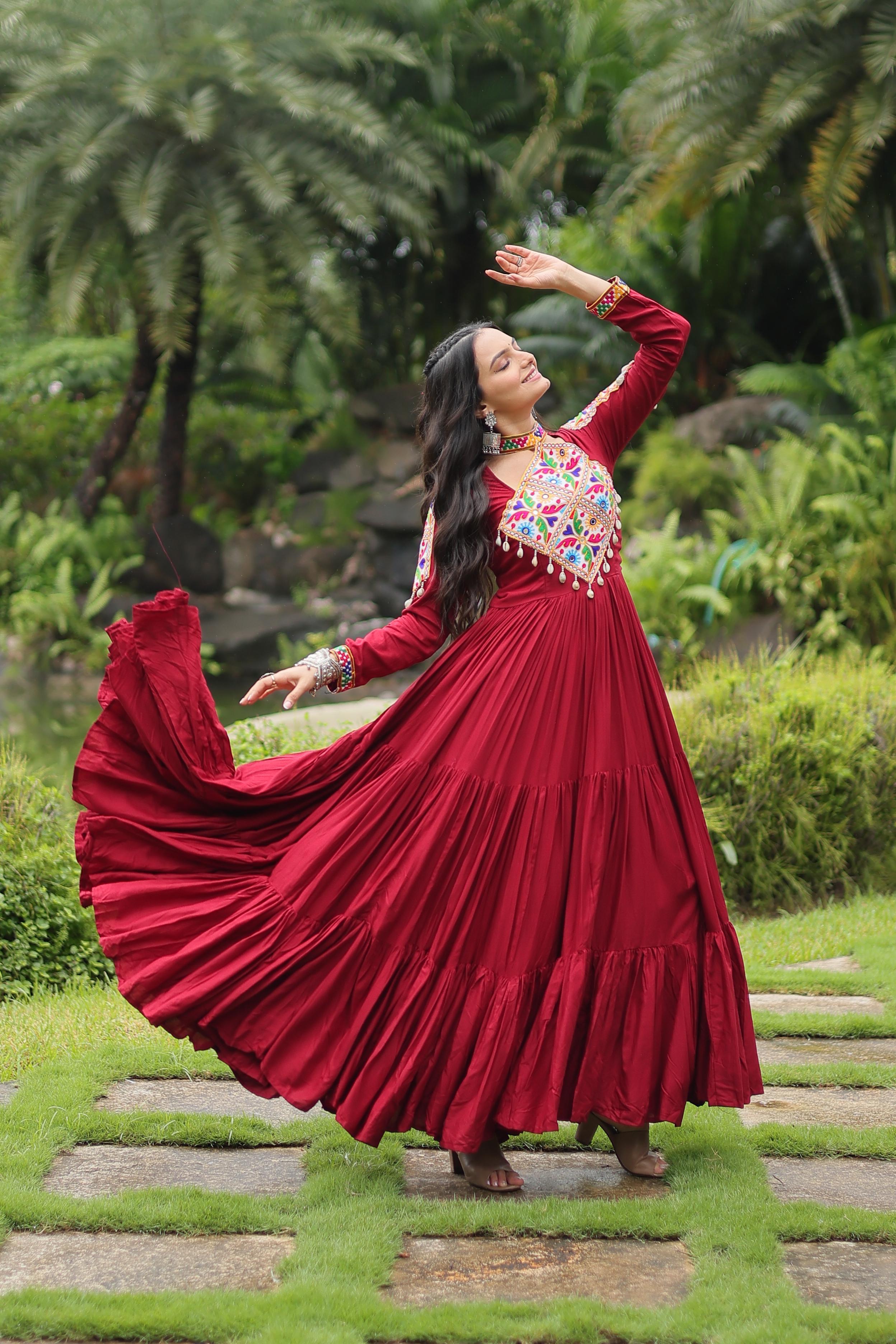 Navratri Maroon Kutchi Embroidered Gown