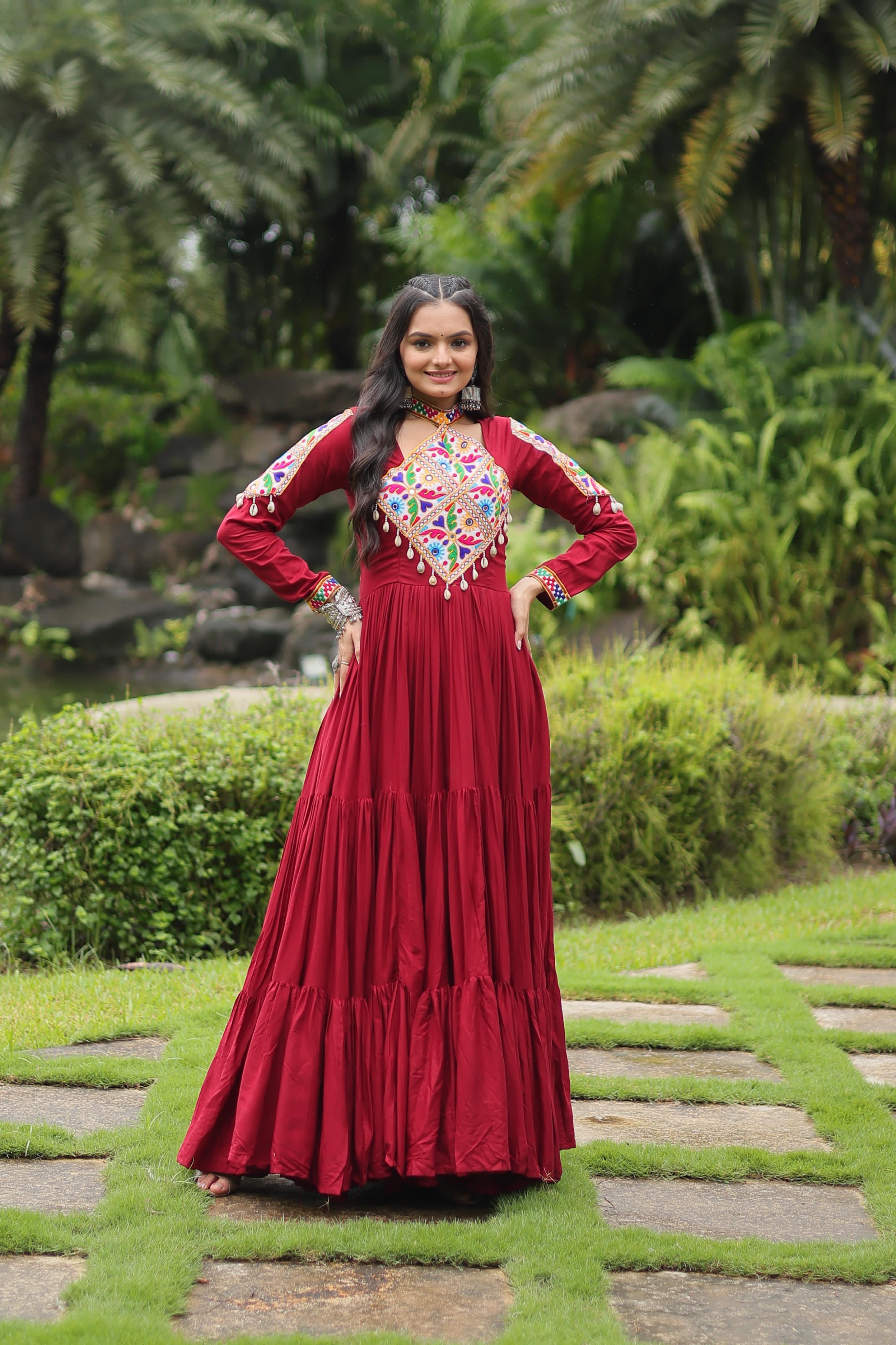 Navratri Maroon Kutchi Embroidered Gown