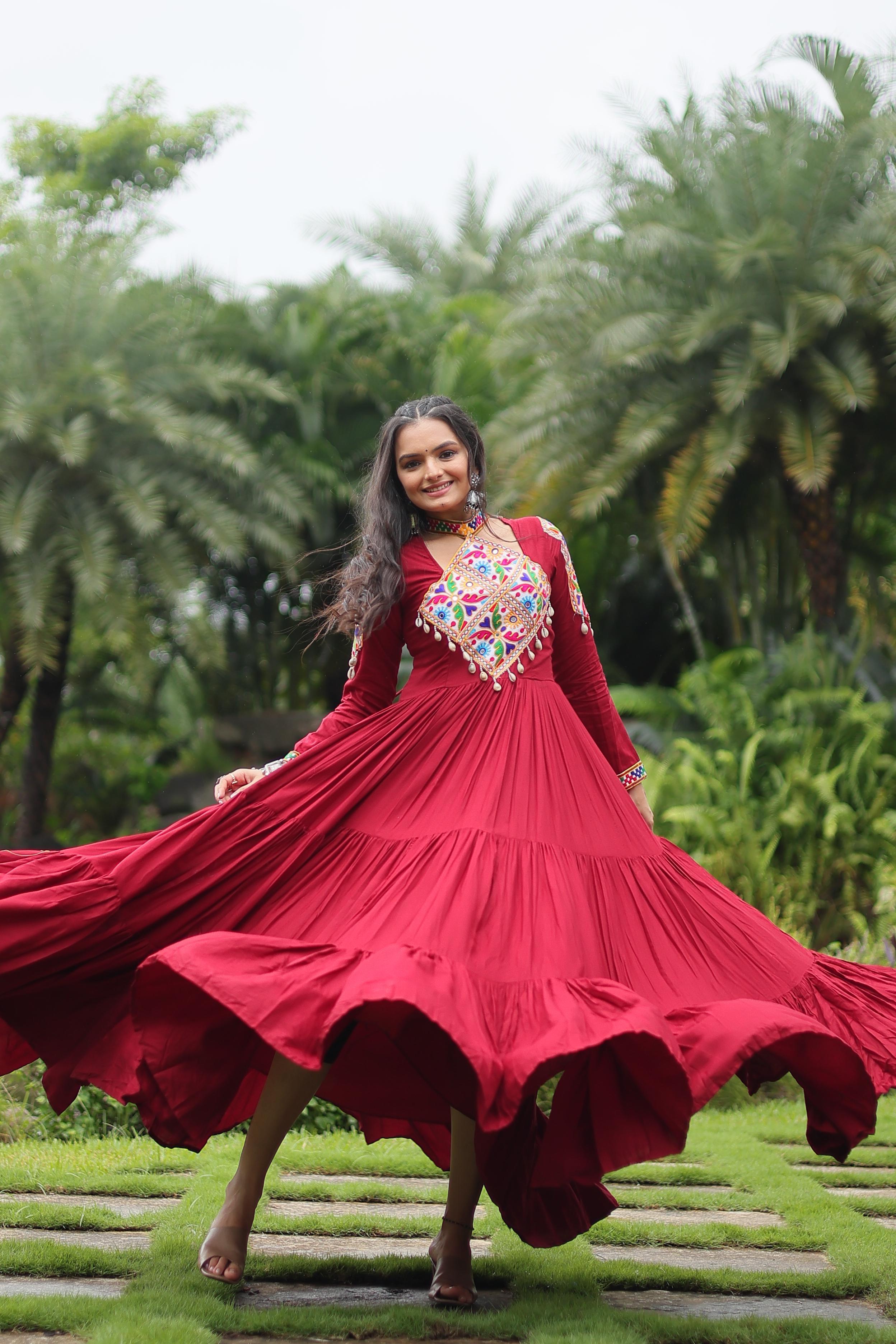 Navratri Maroon Kutchi Embroidered Gown