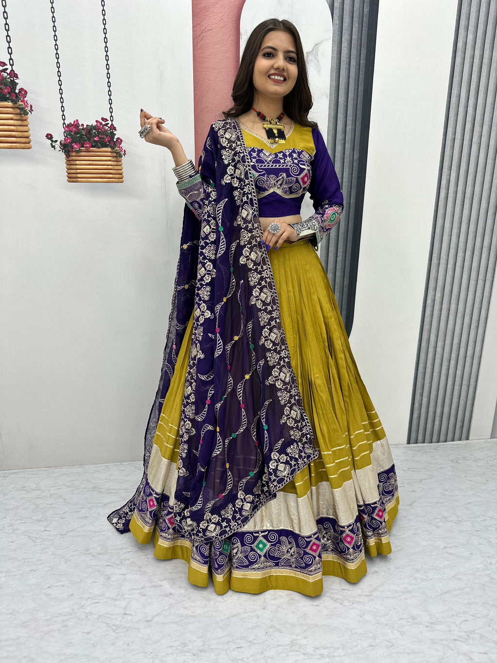 Mustard Yellow Pure Cotton Embroidered Sequins Work Lehenga Choli