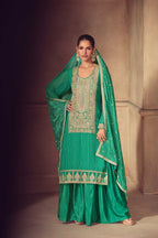 Green Chinon Embroidered Sharara Suit