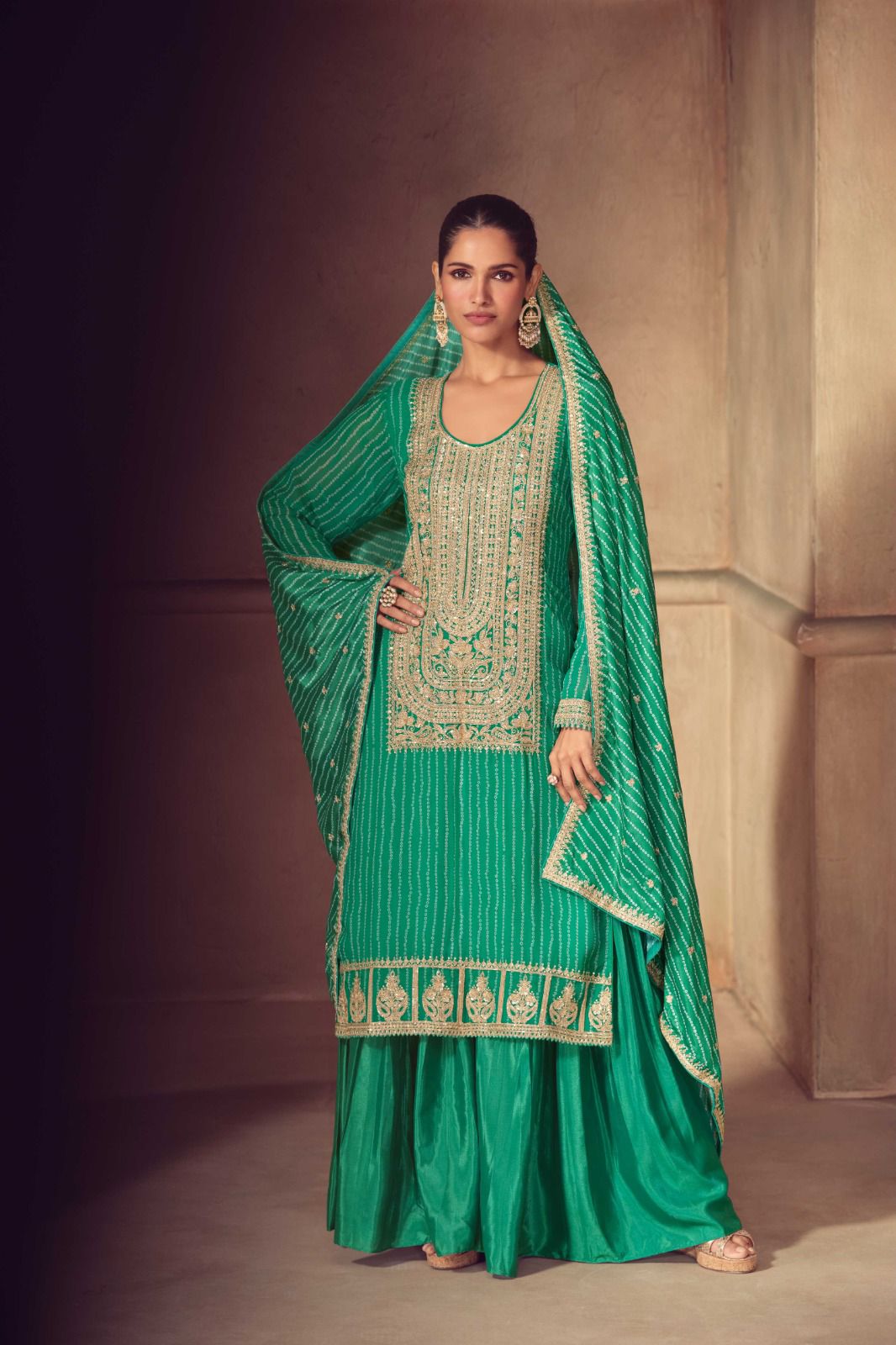 Green Chinon Embroidered Sharara Suit