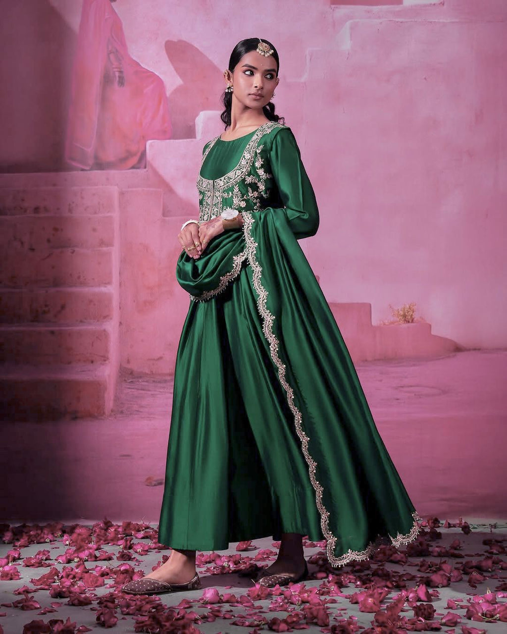 Green floral embroidered jacket anarkali set