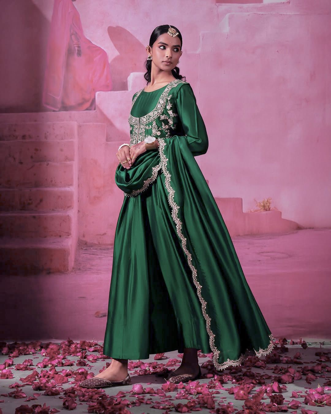 Green floral embroidered jacket anarkali set