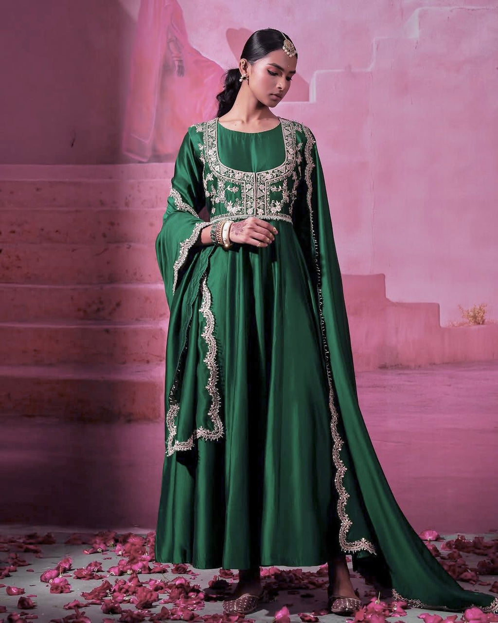 Green floral embroidered jacket anarkali set