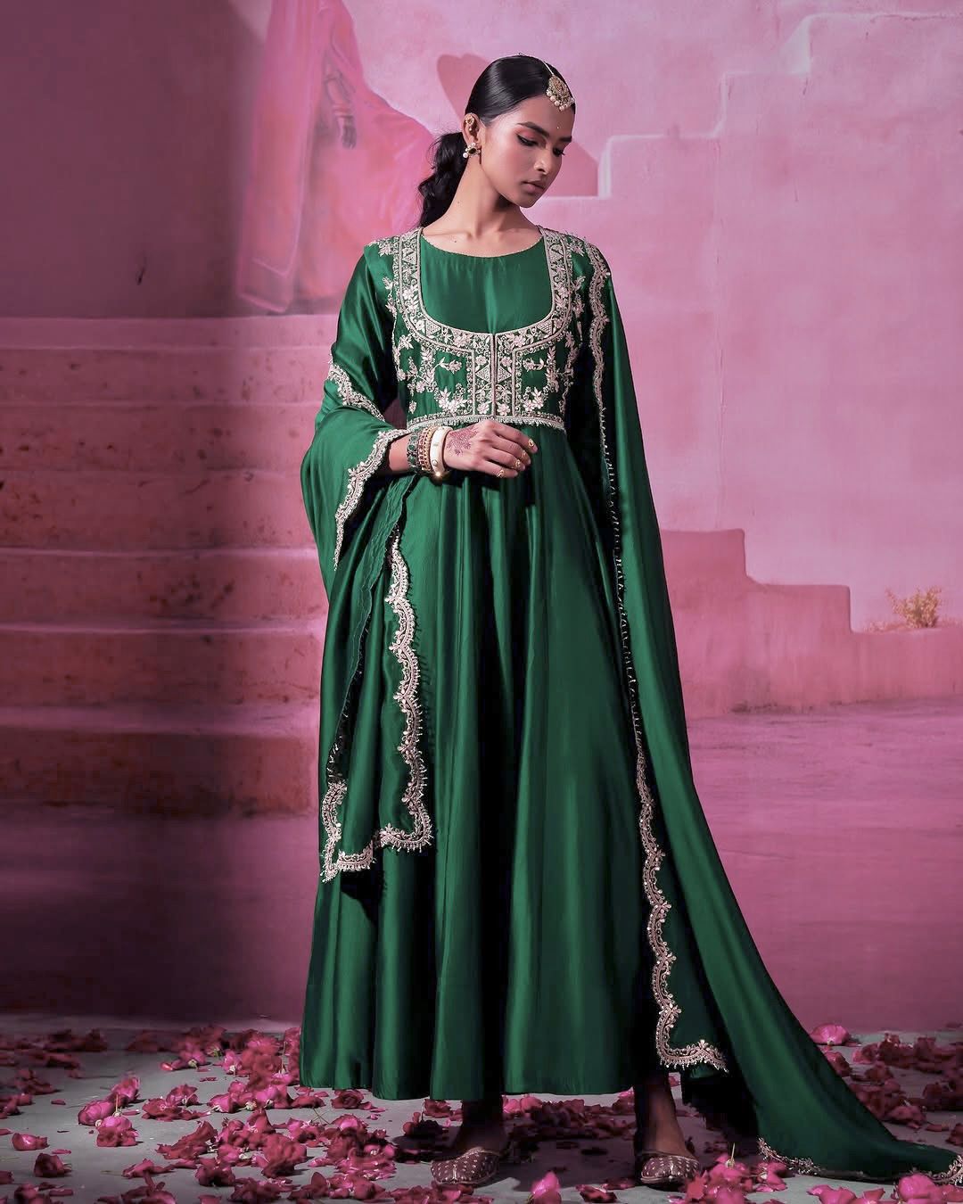Green floral embroidered jacket anarkali set