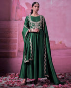 Green floral embroidered jacket anarkali set
