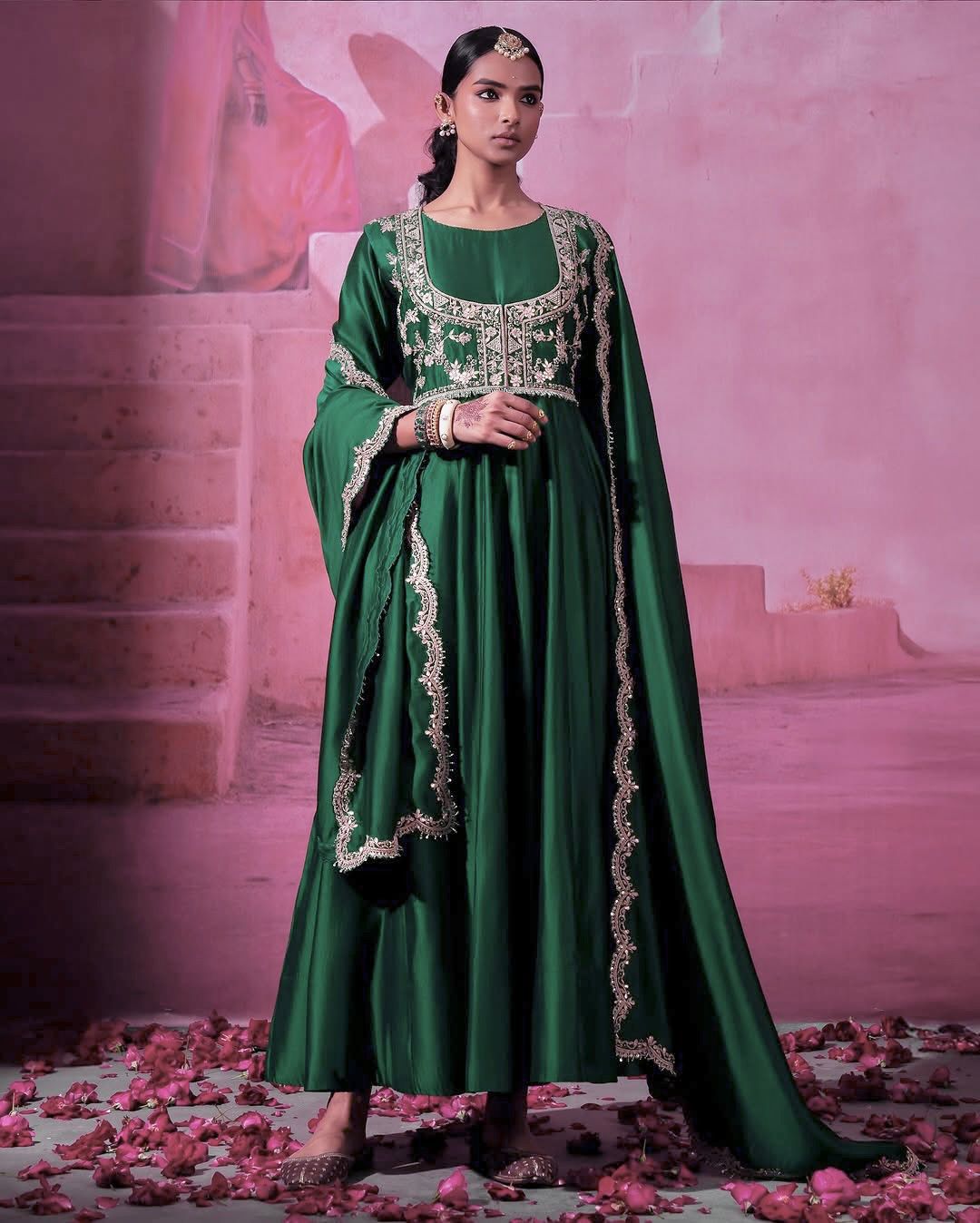 Green floral embroidered jacket anarkali set