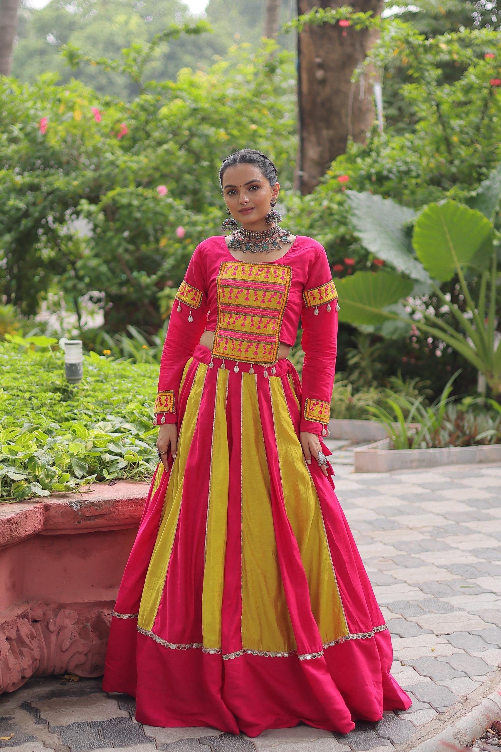 Pink & Yellow Roman Fabric Lehenga Choli