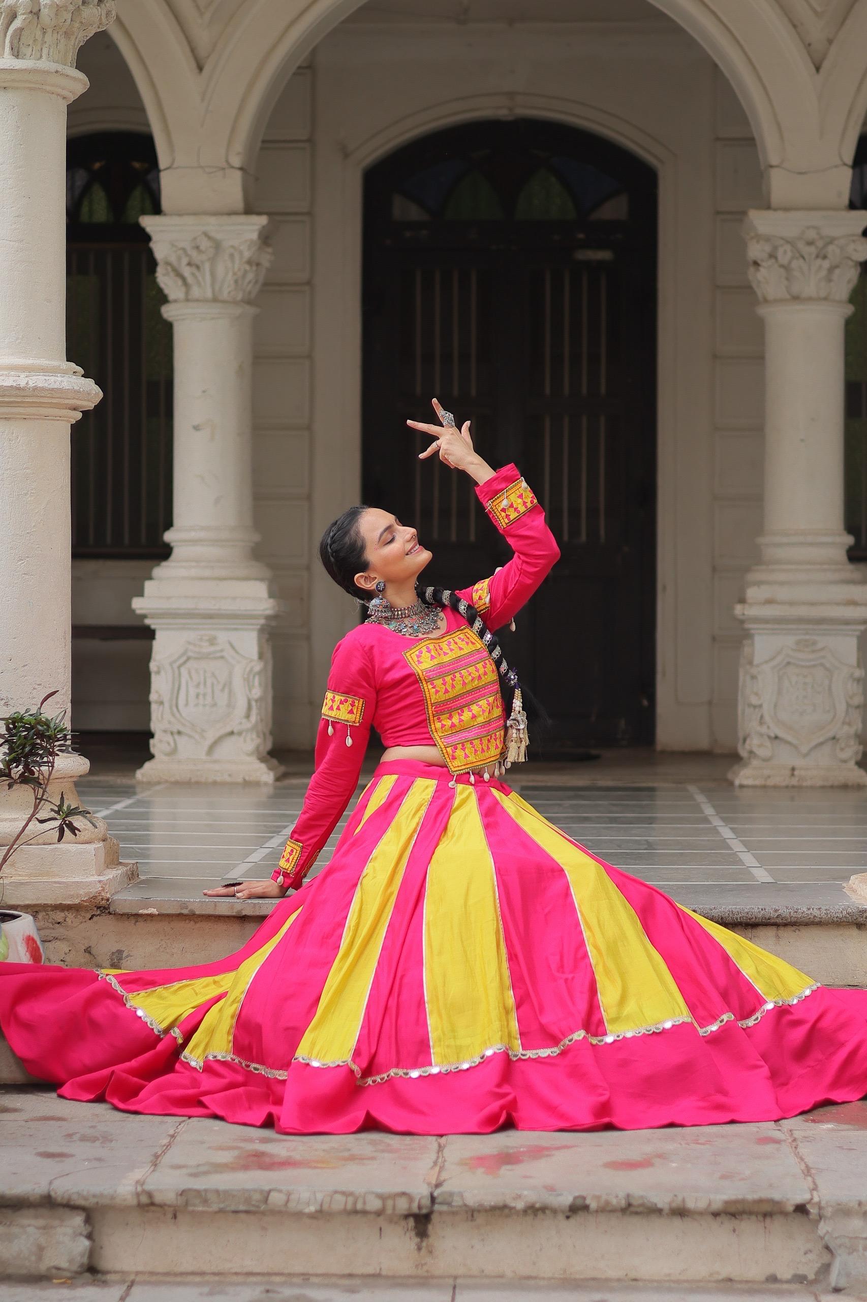 Pink & Yellow Roman Fabric Lehenga Choli