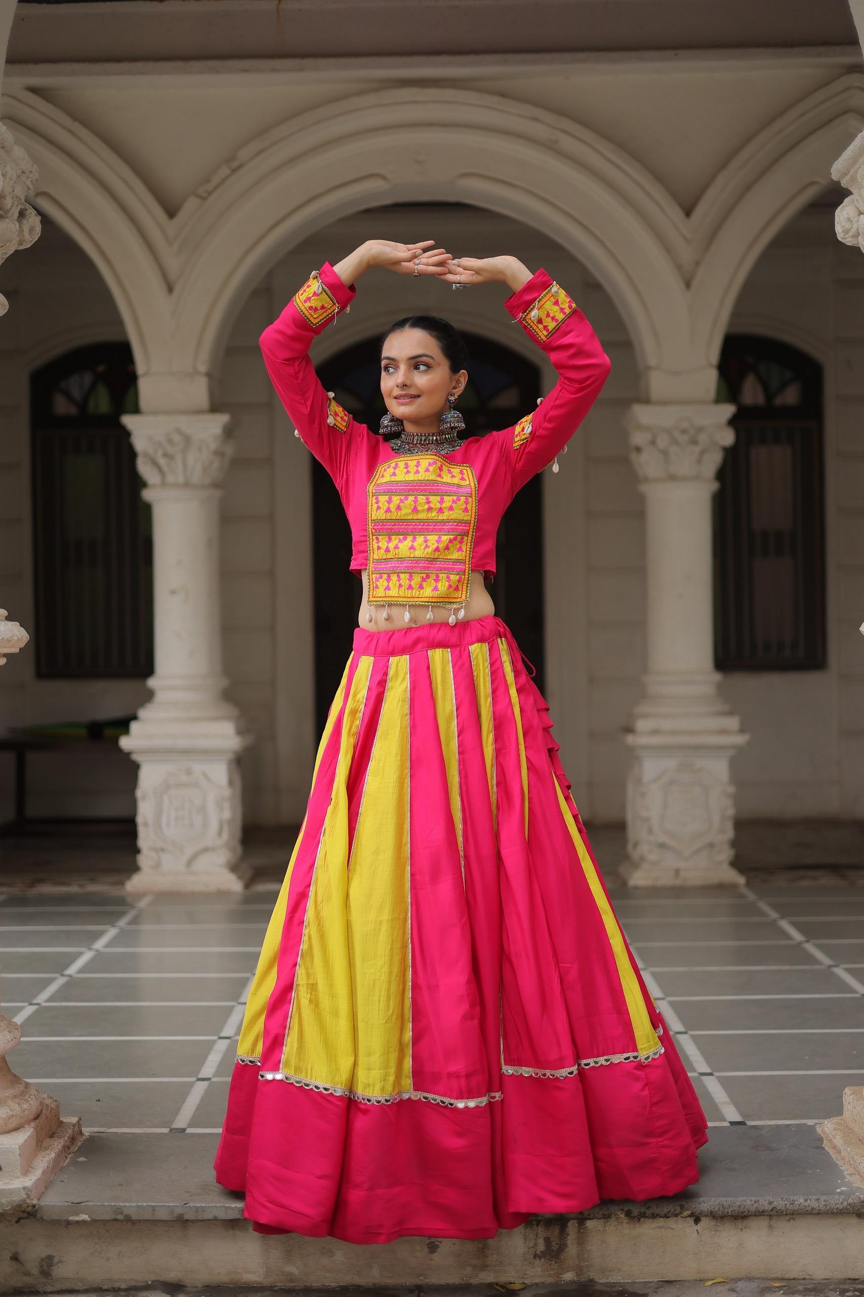 Pink & Yellow Roman Fabric Lehenga Choli